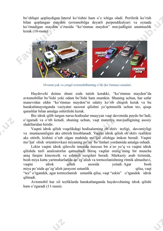 o’rin egallaydi. agar odam harakatsiz jismning qandaydir nuqtasiga tikilib tursa, u holda unda sub’ektiv ravishda bu nuqtani harakatsiz nigohi bilan qayd etayotganidek tasavvur paydo bo’ladi. haqiqatda esa ko’rish idroki inson uchun ixtiyorsiz va sezilarsiz mikroharakatlar bilan birgalikda kechadi. shunday qilib, jismni idrok qilish imkoniyati idrok jarayonida motorli tarkibiy qismning ishtiroki bilan belgilangan. jismlar shaklini idrok qilishda konstantlik hodisasi xuddi shunday saqlanib qoladi. masalan, yon tomonimizda joylashgan kvadrat yoki dumaloq jismga qaraganimizda uning to’r pardadagi proeksiyasi ellips yoki trapetsiya shaklida hosil bo’ladi. shunday bo’lsada, aynan bir jismni bir xilda, bir shaklga ega holatda ko’ramiz. uzoq masofada joylashgan jism shaklini idrok qilishni o’zgartirishi mumkin, masalan, shaklning mayda detallari jism uzoqlashgan sayin yo’qolib boradi va uning shakli sodda ko’rinishga kelib qoladi. katta hajmli shakllarni idrok qilish juda murakkab jarayondir. odam ko’zlari binokulyar ko’rish qobiliyatiga ega bo’lgani uchun shakl hajmini idrok qiladi, ya’ni, binokulyar ta’sir odamning ikkala ko’zi bilan ko’rishiga bog’liqdir. binokulyar ta’sirning mohiyati …