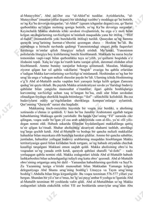 angandi. dor an-nadva birinchi navbatda quraysh qabilasi oqsoqollarining (malo) maslahat kengashi rolini o’ynadi. qusay urug’idan bo’lgan har qanday yoshdagi kishi boshqa urug’lardan esa faqat yoshi 40 dan oshgan kishi unga kirishi mumkin edi. urush e’lon qilinganda dor an-nadva ustiga quraysh qabilasining bayrog’i tikilardi. shuningdek, mavsumiy karvonlar dor an-nadvadan yo’lga tushar, qaytilganda keltirilgan mollar uning hovlisiga qo’yilardi. dor an-nadvadan so’ng qusay ka’ba va uning nazorati bilan bog’liq xizmatni eng muhim vazifalardan biriga aylantirdi (sodin al-ka’ba yoki sadona); ka’baga haj qiluvchilarni suv bilan ta’minlash vazifasi “as-siqoya” degan nomni oldi. hojilarni oziq-ovqat bilan ta’minlash maqsadida makka aholisiga soliq joriy qilinib, uni amalga oshirish vazifasi “ar-rifoda” deb ataldi. bunga avvaldan mavjud bo’lgan “riyosa”, “qiyoda” va “al-livo” mansablarini qo’shmoq kerak. shunday qilib, qusay bir vaqtning o’zida ham diniy, ham dunyoviy hokimiyatni to’pladi, deyish mumkin. ammo bu mutlaq hokimiyat emas edi. taxminan 480 yili qusay vafot qilgach, shahar idorasi bilan bog’liq olti lavozim uning ikki o’g’li …