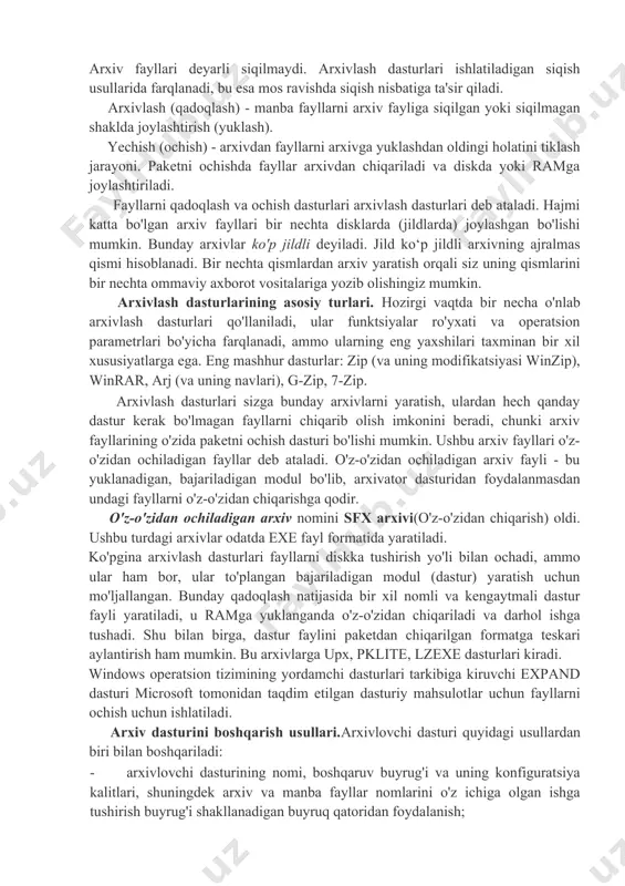 aratish yoki o'zgartirish sanasi va vaqti, o'lchamlari va boshqalar haqidagi xizmat ma'lumotlarini o'z ichiga olgan maxsus tashkil etilgan fayl. fayllarni qadoqlashning maqsadi odatda diskda ma'lumotlarni yanada ixcham joylashtirishni ta'minlash, vaqtni va shunga mos ravishda kompyuter tarmoqlarida aloqa kanallari orqali ma'lumotlarni uzatish xarajatlarini kamaytirishdir. bundan tashqari, bir guruh fayllarni bitta arxiv fayliga qadoqlash ularni bir kompyuterdan ikkinchisiga o'tkazishni sezilarli darajada osonlashtiradi, fayllarni disklarga nusxalash vaqtini qisqartiradi, ma'lumotlarni ruxsatsiz kirishdan himoya qiladi va kompyuter viruslari infektsiyasidan himoya qiladi. siqish nisbati ishlatiladigan siqish dasturiga, siqish usuliga va manba fayl turiga bog'liq. eng yaxshisi grafik tasvirlarning siqilgan fayllari, matnli fayllar, ma'lumotlar fayllari bo'lib, ularning siqilish nisbati 5 - 40% ga etishi mumkin, bajariladigan dasturlarning fayllari va yuk modullari kamroq siqiladi - 60 - 90%. arxiv fayllari deyarli siqilmaydi. arxivlash dasturlari ishlatiladigan siqish usullarida farqlanadi, bu esa mos ravishda siqish nisbatiga ta'sir qiladi. arxivlash (qadoqlash) - manba fayllarni arxiv fayliga siqilgan yoki siqilmagan shaklda joylashtirish …