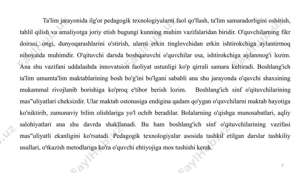 nini takomillashtirish uchun yangi ta'lim muhiti yaratish imkonini berdi. 4 innovatsiya turlari. pedagogik innovatsiyalar tasniflash quyidagi variantlardan ajratish o‘z ichiga oladi: sinf-dars tizimi foydalanish bilan treninglar tashkil etish; ixtisoslashtirilgan sinflar shakllantirish; o‘quv jarayoni o‘yin texnikasi dastur. ta’lim innovatsiyalari – ta’lim sohasi yoki o‘quv jarayonida mavjud muammoni yangicha yondashuv asosida yechish maqsadida qo‘llanilib, avvalgidan ancha samarali natijani kafolatlay oladigan shakl, metod va texnologiyalar hisoblanadi.ta’lim innovatsiyalari “innovatsion ta’lim” deb ham nomlanadi. “innovatsion ta’lim” tushunchasi birinchi bor 1979 yilda “rim klubi”da qo‘llanilgan. 5 ta‟lim tizimida innovatsion deyilganda ta‟lim maqsadi va mazmuniga yangilik kiritish , yangicha yondashish , pedagog va talabaning hamkorligidagi faoliyatini tashkil etish, pedagogik texnologiyalarni takomillashtirish jarayoni, ta‟limning uslub, shakl, va vositalarining majmuasi tushuniladi. boshlang'ich sinfda ta‟lim jarayonida o'quvchilarning o'qish motivini rivojlantirish katta ahamiyatga ega. chunki motiv o'quvchilarni ta‟lim jarayoniga qiziqtiradi, darsga faol qatnashishga, bilimlarni egallashga undaydi. interfaol metodlar o’qish motivini rivojlantirishga katta yordam beradi. 6 “ kadrlar tayyorlash milliy dasturi ” …