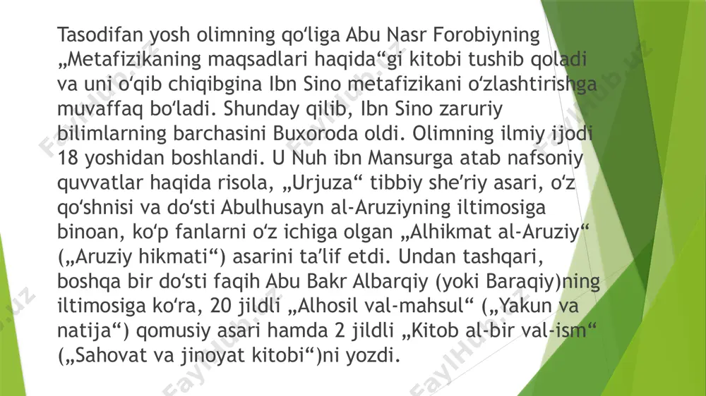 gan barcha zararlarni yoʻqotish“), „kitob al-qulanj“ („qulanj haqidagi kitob“), „maqola fi-nnabz“ („tomir urishi haqida makr-la“), „risola fi-l-boh“ („shahvoniy quvvat haqida risola“), „risola fi tadbiri al-musofirin“ („safardagilarning tadbiri haqida risola“), „risola fi xifz as-sihha“ („sogʻliqni saqlash haqida risola“), „risola fi-s-sikanjubin“ („sikanjubin haqida risola“), „risola fi-lfasd“ („qon olish haqida r.isola“), „risola fi-lhindabo“ („sachratqi haqida risola“) kabi risolalari ham bor foydalanilgan adabiyotlar: qodirov a. òrta osiyoda meditsinaning paydo bo’lishi. t. 1990 isayev y. abu ali ibn sino . t. tafakkur. 2010 image1.jpeg image2.jpeg image3.jpeg image4.jpeg image5.jpeg image6.jpeg image7.jpeg