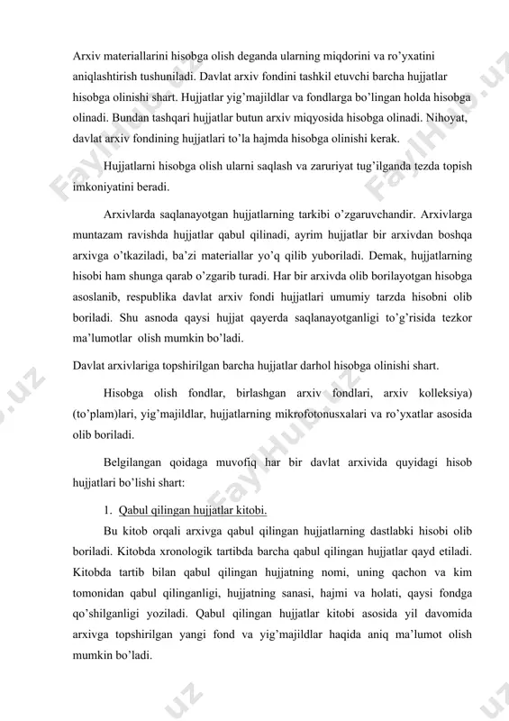 hilganligi yoziladi. qabul qilingan hujjatlar kitobi asosida yil davomida arxivga topshirilgan yangi fond va yig’majildlar haqida aniq ma’lumot olish mumkin bo’ladi. 2. fondlar ro’yxati. har bir arxivda saqlanayotgan fondlarning tartib bilan yozilgan ro’yxati bo’ladi. mazkur ro’yxatga muvofiq arxivga qabul qilingan har bir fondga tartib raqami beriladi. bu raqam boshqa fondlarga berilishi mumkin emas. inqilobdan oldingi, sovet davri va mustaqillik davri hujjatlari birga saqlanayotgan arxivlarda (masalan, o’zr mda) bu uchta guruh uchun alohida-alohida fondlar ro’yxati mavjud bo’ladi. sovet davri fondlarining tartib raqami oldidan «r» harfi, mustaqilik davri hujjatlari uchun «m» harfi qo’yiladi (masalan, r-1, r-2, r-3; m-1, m-2, m-3 va hokazo). boshqa arxivlarda fondlar ro’yxati yagona tartibda tuziladi. fondlar ro’yxatida fondning tartib raqami, boshlangan yilidan tashqari fondni tashkil qiluvchi muassasaning to’la nomi yoziladi. agar muassasaning nomi o’zgargan bo’lsa, tartib bilan uning barcha nomlari ko’rsatiladi. agar mazkur fond boshqa arxivga ko’chirilsa, «arxivdan olinganiligi haqida ma’lumot» degan joyda qayerga ko’chirilganligini qayd etiladi. 3. …