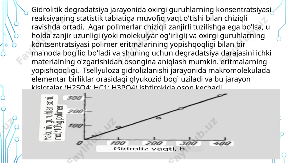 tuzilishiga qarab oksidlanish degradatsiyasi tezligi o'zgaradi va reaksiyaning turli yakuniy mahsuloti olinadi. shunday qilib, to'yinmagan yuqori molekulyar uglevodorodlar kislorod ta'sirida to'yinganlarga qaraganda tezroq yo'q qilinadi. xulosa bu mavzudan quydagi xulosani oldim: zanjirlarida funksional guruhlarga ega polimerlarda yuzaga keladigan turli kimyoviy reagentlar (kislotalar, ishqorlar va boshqalar) ta’sirida polimerlarning makromolekulalari bo‘linish reaksiyalarini qisqacha ko‘rib chiqdik. yuq qilish reaktsiyalari, kimyoviy yuq qilishni, oksidlovchi degradatsiyani o'rgandik. bundan tashqari, polimerlarning gidrolitik degradatsiyasi misol sifatida tsellyuloza va oqsillar yordamida o'rganishni o'rgandik. tsellyuloza gidrolizlanishi jarayonida makromolekulada elementar birliklar orasidagi glyukozid bog` uzilishini o'rgandik. xulos qilib aytganda polimerlarni yo'q qilish reaktsiyalari, tasnifi va qisqacha tavsifi. polimerlarning parchalanishini o‘rgandik va bular polimerlarni parchalash bo’yicha asosiy yunalishda bulgan hamda kimyoviy misollar va reaksiyalar bilan o’rgandik. foydalanilgan adabiyotlar: quydagi saytlardan foydalanilgan: 1.http://vseokraskah.net/plenoobrazuyushhie-veshhestva/8-2-destrukciya-polimerov-pod-dejstviem-ximicheskix-agentov.html 2.https://www.google.com/amp/www.myshared.ru/amp/418345/ 3. https://e-plastic.ru/slovar/d/dectrykziua_polimerov/ etiboringiz uchun rahmat image3.jpeg image4.jpeg image5.jpeg image6.jpeg image7.jpeg image8.jpeg image9.jpeg image10.jpeg image2.png /docprops/thumbnail.jpeg