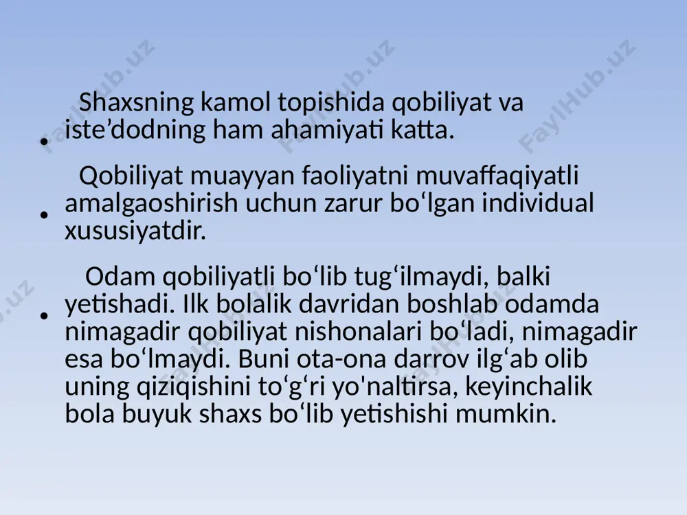 i. ular qoronglulikdan, uyda yolg‘iz qolishdan va hayvonlardan qo‘rqishadi. 0 ‘z tengdoshlariga qo‘shilib keta olmaydi, ulardan o'zini chetga oladi,shovqinli, o‘yin-kulguli joylarni yoqtirishmaydi, mabodo bunday joylarda paydo bo‘lib qolishsa ham uyalib chetda tomoshabin bo'libturishadi. xushchaqchaq shaxs. bu toifaga kiruvchi odamlaming xulqatvorida yaqqol ko‘zga tashlanib turadigan xislatlar — bular o‘ta baxtiyorlik, zavqlanish, xushchaqchaqlik, shodlanish, huzurlanish hissidir. boshqalarga shodlanish, zavqlanish hissini yuzaga keltiraolmaydigan vaziyatlar ularda shunday his-tuyg‘ulami yuzaga keltira oladi. ozgina bo‘lsada, quvonchli voqealar darrov ularning e’tiborini tortadi va kayfiyatini ko‘taradi, xuddi shunday g‘amgin voqealar esa ularning kayfiyatini tushiradi. . emosional shaxs. bu toifaga kiruvchilaming xulq-atvoridagi xislatlar bir qaraganda xushchaqchaq toifaga kimvchilarga o‘xshab ketadi, biroq emosional shaxslar o‘zlarining his-tuyg‘ularini yaqqol namoyon qilishavermaydi, ya’ni ular biroz niqoblangan holatdabo‘ladi. ular uchun hissiyotga beriluvchanlik, ta’sirchanlik, vahima, qo‘rqoqlik, xavotir va ko‘p so‘zlash xosdir. ulaming xulq-atvorida yaqqol namoyon bo‘luvchi xislatlar insonparvarlik, odamlar va hayvonlarga nisbatan mehr-shafqatlilik, mehribonlikdir. ular boshqa birovlaming muvaffaqiyatidan quvonishadi. siklotik shaxs gipertimik (yuqori kayfiyat) va …