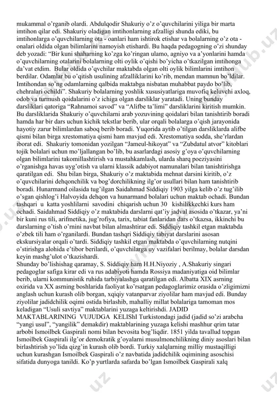 quqoniylarning faoliyatlari bilan tanishgan holda bayon qilinishi lozim deb topdik. rusiya o’lkasidagi ma’rifatparvarlik va pedagogik g’oyalar ostida shakllangan hamza hakimzoda niyoziy eng avvalo o’lkada rus pedagogik g’oyalarini targ’ib qiluvchi inqilob kuychisi sifatida maydonga keldi. hamzaning pedagogik qarashlari proletar madaniyati manfaatini ifoda etishiga ham o’lkadagi rus olimlari a.a.semyonov, v.n.nalivkin, m.andreev, s.gromenitskiy, a.orlov va boshqalar sabab bo’lishdi. rus olimlarining ta’sirida bo’lgan h.h.niyoziy 1911 yilda mahalliy millat bolalari tahsil oladigan maktab ochadi. ammo uning bu maktabida proletar inqilobi targ’ib qilingani uchun ham tez oradi, ya’ni 1913 yildayoq maktab yopib qo’yiladi. shundan so’ng ham h.h.niyoziy o’z g’oyaviy qarashlaridan voz kechmay, qisqa muddatda “dorilyatem”, ya’ni tarbiya uyini ochadi. hamza o’zi ochgan maktablarda o’zining “engil adabiyot”, “o’qish kitobi” va “qiroat kitobi” kabi darsliklaridan foydalanadi. hamza yozgan bu darsliklar bolalarni yosh xususiyatlariga, tiliga mos ravishda ifoda etilgandir. bundan tashqari, hamzaning darsliklari o’quvchilarni axloqiy tarbiyalashda ham katta ahamiyat kasb etardi. jumladan, uning darsliklarida o’quvchilarni halollik, rostgo’ylik ruhida tarbiyalash, …
