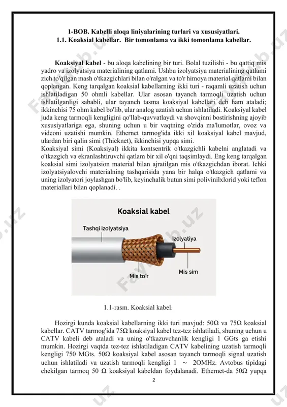 b, ular analog uzatish uchun ishlatiladi. koaksiyal kabel juda keng tarmoqli kengligini qo'llab-quvvatlaydi va shovqinni bostirishning ajoyib xususiyatlariga ega, shuning uchun u bir vaqtning o'zida ma'lumotlar, ovoz va videoni uzatishi mumkin. ethernet tarmog'ida ikki xil koaksiyal kabel mavjud, ulardan biri qalin simi (thicknet), ikkinchisi yupqa simi. koaksiyal simi (koaksiyal) ikkita kontsentrik o'tkazgichli kabelni anglatadi va o'tkazgich va ekranlashtiruvchi qatlam bir xil o'qni taqsimlaydi. eng keng tarqalgan koaksial simi izolyatsion material bilan ajratilgan mis o'tkazgichdan iborat. ichki izolyatsiyalovchi materialning tashqarisida yana bir halqa o'tkazgich qatlami va uning izolyatori joylashgan bo'lib, keyinchalik butun simi polivinilxlorid yoki teflon materiallari bilan qoplanadi. . 1.1-rasm. koaksial kabel. hozirgi kunda koaksial kabellarning ikki turi mavjud: 50ω va 75ω koaksial kabellar. catv tarmog'ida 75ω koaksiyal kabel tez-tez ishlatiladi, shuning uchun u catv kabeli deb ataladi va uning o'tkazuvchanlik kengligi 1 ggts ga etishi mumkin. hozirgi vaqtda tez-tez ishlatiladigan catv kabelining uzatish tarmoqli kengligi 750 mgts. 50ω koaksiyal …