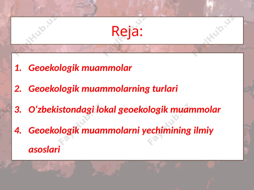 hududiy prinsipni qo‘llash, muammoning hududiy miqyosini aniqlashga, uning rivojlanish chegaralarini, tarqalish arealini ajratishga imkon beradi. geotizimli prinsip geoekologik muammoni o‘rganish uchun geografik asos hisoblanadi, chunki u hududning tuzilishi to‘g‘risida axborot berish bilan birga uning qanday tabiiy xususiyatlarga, resurslarga ega ekanligi haqida ma’lumotlarni olishga imkon beradi. ekologik prinsipning qo‘llanilishi tirik organizmlar, jumladan insonning atrof-muhit bilan o‘zaro aloqalari, ta’siri va munosabatda bo‘lishi nazarda tutilganligi bilan bog‘liq. geoekologik muammoni bartaraf etish deganda, avvalo, dastlabki tabiiy muvozanatni qayta tiklashni tushunmoq lozim. buzilgan tabiiy muvozanatni qayta tiklash tadbirlarida aholining yashash sharoiti va sog‘ligini ham avvalgi holatiga olib kelish lozim. lokal geoekologik muammolar yechimi eng sodda muammolar bo‘lib, ularni bartaraf etishda, eng avvalo, geoekologik muammoli hududning tabiiy geografik sharoiti va tabiiy qonuniyatlari chuqur o‘rganilishi lozim. image2.jpg image3.jpeg image4.jpeg image5.jpeg image6.jpeg image7.jpeg image8.jpeg image9.jpeg image10.png image11.jpeg image12.jpeg image13.jpeg image14.jpeg image15.jpeg image1.jpg