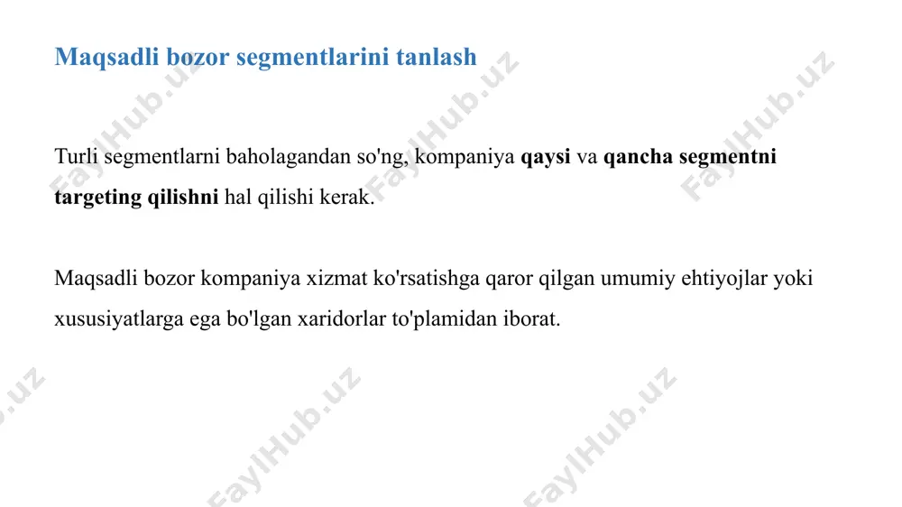 kerak. qaysi strategiya kompaniyaning resurslariga bogliq? agar firmaning resurslari cheklangan bo'lsa, konsentrlangan marketing eng mantiqiy bo'ladi. maqsadli strategiyani tanlash yana bir omil - bozor o'zgaruvchanligi. agar ko'pchilik xaridorlarning didi bir xil bo'lsa, bir xil miqdorda sotib olsa va marketing harakatlariga bir xil munosabatda bo'lsa, farqlanmagan marketing mos keladi. shuningdek, raqobatchilarning marketing strategiyalarini hisobga olish kerak. agar, raqobatchilar tabaqalanmagan marketingdan foydalanganda, firma ma'lum segmentlardagi xaridorlarning ehtiyojlariga e'tibor qaratgan holda differentsiatsiyalangan yoki konsentrlangan marketingdan foydalanish orqali afzalliklarga ega bo'lishi mumkin. maqsadli strategiyani tanlash stp modeli marketing kommunikatsiyalari rejalarini yaratishda foydalidir, chunki u sotuvchilarga takliflarni birinchi o'ringa qo'yishga yordam beradi. uch bosqichli bozor segmentatsiyasi, bozorni maqsadli aniqlash va mahsulotni joylashtirishdan iborat. targeting va joylashishni aniqlash strategiyasini yaratishda siz har bir segmentning potentsial va tijoriy jozibadorligini baholashingiz kerak. differentsiatsiya va joylashishni aniqlash kompaniya qiymat taklifi to'g'risida qaror qabul qilishi kerak - u maqsadli segmentlar uchun differensial qiymatni qanday yaratishi va ushbu segmentlarda qanday pozitsiyani …