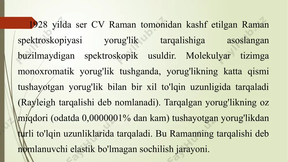 ing uzunligi uzunroq bo‘ladi. bunday holat stoks chizig‘i deb ataladi. anti-stoks chizig‘i: agar molekula pastki energiya holatiga qaytsa, ya’ni foton molekulaga energiya berishdan oldin mavjud energiya miqdorini qabul qilib, fotonning energiyasi oshadi, bu esa anti-stoks chizig‘i deb ataladi raman effektining asosiy fiziologik jarayoni - bu molekulaning vibratsion yoki rotatsion tebranishlaridagi o‘zgarishlar bilan bog‘liq bo‘ladi. fotonlar molekula bilan o‘zaro ta’sir qiladi va molekulaning o‘z holatiga qarab energiya o‘zgarishi yuzaga keladi. raman effektining mohiyati monoxromatik (bir to‘lqin uzunlikdagi) lazer nuri modda yuzasiga tushganda, u molekulalarning tebranishiga sabab bo‘ladi. tarqalgan yorug‘likning bir qismi o‘z energiyasini yo‘qotadi yoki orttiradi – bu raman effektidir. stokes tarqalishi – yorug‘lik energiyasi kamayadi. anti-stokes – energiyasi ortadi. stokes chiziqlari kuchliroq, chunki ko‘p molekulalar past energiya holatidadir. raman spektroskopiyasida hosil bo‘lgan spektrlar ikki asosiy komponentga bo‘linadi: raman chiziqlari (raman bands): bular molekulaning vibratsion, rotatsion yoki harakatlanish holatlariga tegishli bo‘lgan chiziqlardir. har bir chiziq o‘zining xususiyatlariga ega bo‘lib, bu xususiyatlar …