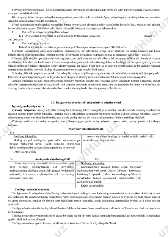 editida, kamayishni anglatuvchi operatsiyalar - debetida aks ettiriladi. demak, 150 000 va 350 000 so‘m shu schyotning debetiga, 200 000 so‘mni esa kreditiga yozish kerak. boshlang‘ich qoldiq va operatsiyalar yozilgandan keyin, debet hamda kredit bo‘yicha oborotlar yakunini hisoblab chiqamiz va yangi qoldiq (saldo)ni topamiz. u quyidagicha bo‘ladi: (400 000+200 000-500 000= 100 000). «mol etkazib beruvchilar va pudratchilarga to‘lanadigan schyotlar» schyoti unga operatsiyalar yozilganidan keyin quyidagi ko‘rinishga ega bo‘ladi: «mol etkazib beruvchilar va pudratchilarga to‘lanadigan schyotlar» d-t k-t 1)mol etkazib beruvchilarga bo‘lgan qarz uzilgan 150 000 mol etkazib beruvchilarga korxonvalari qarzining boshlang‘ich qoldig‘i 400 000 3)mol etkazib beruvchilarga bo‘lgan qarz uzilgan 350 000 2)mol etkazib beruvchilarga hisoblangan qarz 200 000 uzilgan-hammasi(oborot) 500 000 hisoblangan-hammasi (oborot) 200 000 korxonvalarining mol etkazib beruvchilarga qarzning oxiri qoldig‘i 100 000 bu schyotning oxirgi qoddig‘i faqat kreditli bo‘lishi mumkin, chunki korxonvalari mol etkazib beruvchilarga bo‘lgan qarzini uzishda, mavjud majburiyatdan ortiq summani to‘lamaydi. schyotlarning qoldiqlari, hisobga …
