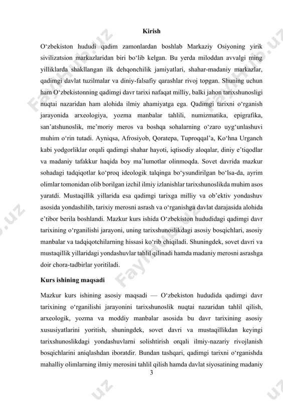 arni ilmiy-nazariy jihatdan chuqur o‘rganish orqali tarixshunoslik salohiyatining oshib borayotganini asoslash. kurs ishining obyekti kurs ishining obyektini — o‘zbekiston hududida qadimgi davr tarixining o‘rganilishiga oid tarixiy-ilmiy jarayonlar, ilmiy maktablar, arxeologik tadqiqotlar va tarixshunoslikdagi yondashuvlar tashkil etadi. kurs ishining predmeti kurs ishining predmeti — qadimgi o‘zbekiston tarixining manbaviy asoslari, uni o‘rganishdagi tarixshunoslik yondashuvlari, olimlarning ilmiy merosi hamda mustaqillikdan so‘nggi ilmiy-uslubiy yangiliklar va davlat siyosatining ushbu sohadagi ta’siridir. 1-bob. o‘zbekistonda qadimgi davr tarixini o‘rganishning manbaviy asoslari 1.1. qadimgi tarix bo‘yicha arxeologik topilmalar (afrosiyob, qoratepa, tuproqqal’a va boshqalar) o‘zbekiston hududi qadimdan markaziy osiyoning muhim sivilizatsiya markazlaridan biri bo‘lgan. mintaqadagi ko‘plab arxeologik yodgorliklar — qadimgi shahar xarobalari, qal’alar, ibodatxonalar va madaniy qatlamlar o‘zbekiston tarixining chuqur ildizlarga ega ekanini tasdiqlaydi. ana shunday yodgorliklardan ba’zilari — afrosiyob, qoratepa, tuproqqal’a kabi obyektlar qadimgi davr jamiyatining ijtimoiy-siyosiy, madaniy va iqtisodiy hayotini o‘rganishda muhim manba sifatida xizmat qiladi. afrosiyob — qadimgi samarqandning xarobalari bo‘lib, taxminan miloddan avvalgi iv asrdan …