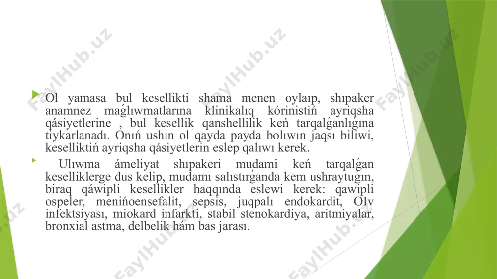ju’rek jetispewshiligi); ● keselliktin’ klinik keshigiwinin’ qa’siyeti (a’ste yamasa tez rawajlanip bariwshi); ● keselliktin’ rawajlaniw da’wirleri (qoziw yamasa remissiya). aling’an mag’liwmatlar ha’m klinik tekseriwler na’tiyjesinen kelip shig’ip diagnoz sindromal yamasa toliq boliwi mu’mkin. a’dette sindromal diagnoz araliq bolip, o’zinde keselliktin’ sirtqi ko’rinis beriw belgilerin ta’riypleydi ha’m ko’pshilik jag’daylarda birlemshi esaplanadi. diagnoz qoyiw qubilisi to’mendegi aniq logikaliq izbe-izlikke iye. i basqish - klinik belgiler tuwrali tiykarg’i mag’liwmatlar jiynaw. ii basqish - aling’an mag’liwmatlardin’ sub’ektiv ha’m ob’ektiv belgilerdin’ formalaniw mexanizmlerin aniqlaw menen taliqlaw. iii basqish - bedgilerdi klinik-patogenetik logikaliq baylanista toparlarg’a bo’lgen halda sintez qiliw iv basqish - birlemshi diagnozdi formalandiriw. v basqish - salistirmali diagnostika vi basqish - juwmaqlawshi diagnoz qoyiw. barliq klinik ha’m laboratoriya - a’sbapli tekseriwler jalg’iz maqsetke yag’niy duris diagnoz qoyiwg’a qaratilg’an. bul ju’da’ a’hmiyetli ha’m quramali qubilis bolip, keyingi emlew ilajlari ha’m de son’g’i na’tiyjeler tikkeley onin’ menen baylanisli. diagnoz qoyiwda joqarida aytip o’tilgen tekseriwler na’tiyjesi menen …