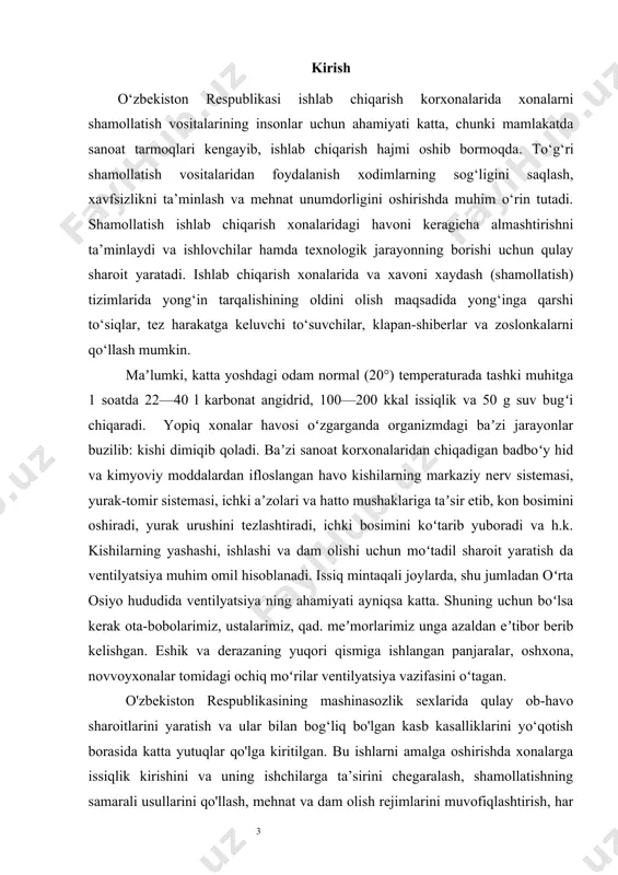 rli gazlarni chiqarib yuborish, shuningdek, toza havo bilan ta’minlash orqali optimal mikroiqlim yaratadi. bu esa nafaqat mehnat unumdorligini oshirish, balki texnologik jarayonlarning barqarorligini ham ta’minlaydi. shamollatish tizimlariga qo‘yiladigan talablar turli omillarga bog‘liq bo‘lib, asosan, havoning yetarlicha almashinuvini ta’minlash, zararli moddalar va chang miqdorini belgilangan me’yor doirasida ushlab turish, qulay harorat va namlikni saqlash hamda energiya samaradorligini oshirishni o‘z ichiga oladi. ba’zi ishlab chiqarish sexlarida shamollatish xavfsizlik talablariga ham javob berishi kerak, ayniqsa, portlovchi yoki zaharli moddalar bilan ishlovchi muassasalarda bu masala yanada dolzarb bo‘ladi. shamollatishning bir necha usullari mavjud bo‘lib, ular tabiiy, majburiy va aralash turlarga bo‘linadi. tabiiy shamollatish havo bosimi va harorat farqiga asoslangan holda o‘z-o‘zidan sodir bo‘ladi. majburiy shamollatish esa elektr yoki boshqa mexanik vositalar yordamida amalga oshiriladi va odatda yirik ishlab chiqarish korxonalarida qo‘llanadi. aralash shamollatish esa tabiiy va sun’iy tizimlarning birgalikda ishlashiga asoslanib, eng samarali variantlardan biri hisoblanadi. to‘g‘ri tashkil etilgan shamollatish tizimi korxona ish faoliyatining …