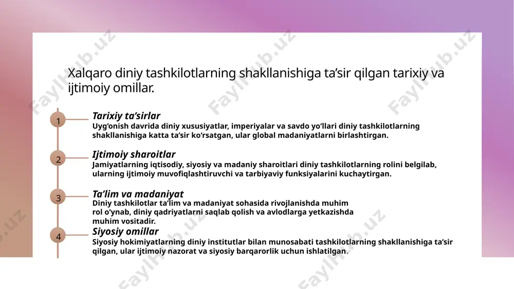 ashkilotlar qadimgi davrlardan boshlab madaniy almashuvlarda muhim rol o‘ynagan. masalan, xudoning diniy maktablari va monastirlar orqali madaniyatlar o‘zaro ta’sir qilgan. zamonaviy misollar zamonaviy vaqtda, interfaith dialoglar va xalqaro konferensiyalar orqali diniy hamjihatlik va madaniy almashuvlar rivojlanmoqda. masalan, birlashgan millatlar tashkiloti va dunyo diniy liderlar sammiti. diniy va madaniy bog‘liqlik diniy tashkilotlar madaniy merosni saqlashda, madaniyatlararo tushunishni rivojlantirishda va tinchlikni mustahkamlashda muhim omil bo‘ladi. bu, birgalikda barqaror rivojlanishga xizmat qiladi. diniy tashkilotlarning ekologik tashabbuslari va barqaror rivojlanishga qo'shgan hissasi. 01 diniy tashabbuslarning ekologik yondashuvi ko‘plab diniy tashkilotlar tabiatni muhofaza qilish uchun ekologik tashabbuslar olib boradi, masalan, o‘rmonlarni saqlash va suvlarga g‘amxo‘rlik qilish. 02 ekologik ta’lim va ongni oshirish diniy tashkilotlar ekologik muhimlikni ta’kidlab, jamoalarni tabiatni asrashga chaqiradi, ekologik ta’lim va ongni rivojlantirishga katta e’tibor qaratadi. 03 barqaror rivojlanish uchun hamkorlik diniy tashkilotlar ekologik muammolarda hukumatlar va nodavlat tashkilotlar bilan hamkorlik qilib, ekologik siyosatlarni qo‘llab-quvvatlaydi va loyihalar tashkil qiladi. 04 ekologik amaliyotlar …