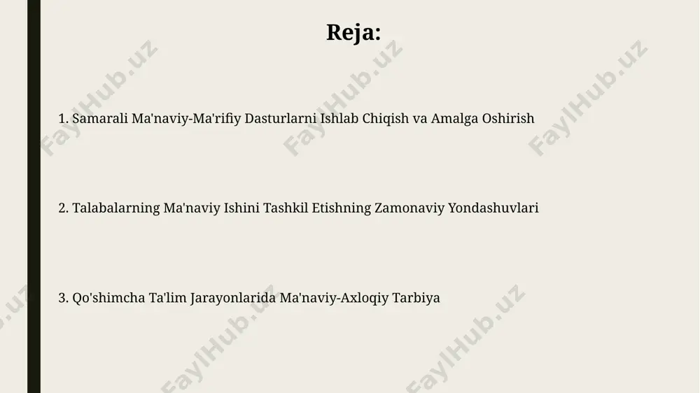 ta'limda talabalarning ma'naviy-axloqiy tarbiyasi samaradorligini oshirish uchun kamida 3 ta turli xil uslubiy qo'llanma va 5 tadan ortiq amaliy mashg'ulotlarni joriy etish tavsiya etiladi. oila va maktabning hamkorligi oila va maktab o'rtasidagi samarali hamkorlik talabalarning 70% gacha ruhiy-ma'naviy tarbiyasining yaxshilanishiga olib kelishi mumkin, bu esa akademik ko'rsatkichlarning o'sishini ta'minlaydi. oila va maktabning birgalikdagi harakatlari natijasida o'quvchilarning 5 dan 10% gacha bo'lgan qismi o'z qobiliyatlarini aniqlash va rivojlantirishda sezilarli yutuqlarga erishadi, bu esa ularning kelajakdagi muvaffaqiyatlariga zamin yaratadi. baholash va monitoring tizimi baholash va monitoring tizimi talabalarning ruhiy-ma'naviy tarbiyasi bo'yicha 5 ta asosiy ko'rsatkich (masalan, qatnashish darajasi, faollik, bilim darajasi va h.k.)ni o'z ichiga oladi va har chorakda kamida 2 marta baholanadi. samarali baholash va monitoring uchun 10 dan ortiq turli usullar (savollar, testlar, kuzatuvlar, intervyular va boshqalar) qo'llaniladi, bu esa ob'ektiv natijalarga erishish imkonini beradi. samimiy muloqot va o'zaro hurmat muhitini shakllantirish samimiy muloqotni rivojlantirish uchun 5 ta asosiy qoida …