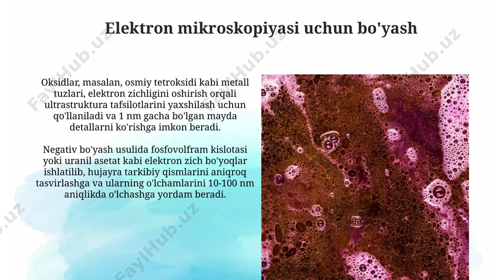 sillarni aniqlash imkonini berib, hujayralararo o'zaro ta'sirlarni va patologiyalarni aniqlashga yordam beradi. gistologik preparatlarni tayyorlash фиксация жараёнида, формалин каби фиксаторлар 10% ли концентрацияда 24 соат давомида қўлланилади ва бу тўқималарнинг структурасини сақлашда муҳим роль ўйнайди. эмбеддинг (парафинга солиш) жараёнида, тўқима блоки 56°с даги парафинга 2-3 соат давомида жойлаштирилади ва бу кесиш жараёнини осонлаштиради. artefaktlar va ularning oldini olish artefaktlar, masalan, to'qimalarning shikastlanishi yoki noto'g'ri fiksatsiya natijasida kelib chiqqan 5-10 mkm oralig'idagi bo'shliqlar, natijalarni noto'g'ri talqin qilishga olib kelishi mumkin. mikrotom kesmalari qalinligini 5 mkm dan oshmasligi va kesish jarayonidagi haroratni nazorat qilish orqali, cho'zilish va burish kabi artefaktlarni kamaytirish mumkin. gematoksilin va eozin bo'yash usuli eozin sitoplazmani, hujayra tashqi qatlamlarini va ba'zi hujayra tarkibiy qismlarini, masalan, eritrotsitlarni qizil-pushti rangga bo'yaydi, bu uning asosiy xususiyatlaridan biridir. giemsa bo'yash usuli bilan solishtirganda, gematoksilin va eozin bo'yash usuli oddiyroq va tezroq bo'lib, taxminan 5-10 daqiqada bajarilishi mumkin, bu esa uning keng qo'llanilishini ta'minlaydi. …