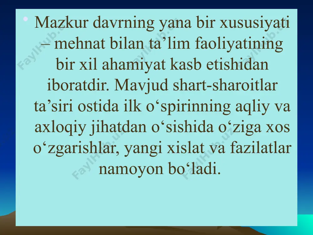 da 15-16 yoshgacha, o‘g‘il bolalarda 17-18 yoshga davom etadi. bu yoshda muskullar kuchi tez o‘sadi. masalan, 18 yoshli bola muskul kuchi 12 yoshli bolaga nisbatan 2 baravar ko‘p bo‘ladi. jismoniy taraqqiyot, asosan, to‘g‘ri ovqatlanish rejimiga va jismoniy tarbiya bilan shug‘ullanishiga ko‘p jihatdan bog‘liq. jinsiy taraqqiyot jihatdan bu yoshdagi ko‘pchilik yigit va qizlar postaubertat (tugallanuvchi) davrda bo‘ladilar. bularning jismoniy rivojlanishi katta yoshdagi odamning jismoniy rivojlanishidan kam farq qiladi. bo‘yning va organizmning notekis o‘sishi va rivojlanish davri tugallanadi hamda jismoniy rivojlanishning nisbatan birmuncha tekis davri boshlandi. psixologik ma’lumotlarning tahliliga qaraganda, kuchsiz, zaif, past bo‘yli yoki ko‘rimsiz, notekislik fenomeni mavjud ilk o‘spirinlar o‘smirlardan farqli o‘laroq injiqlik, qaysarlik qilmaydilar, tevarak-atrofdagi odamlar bilan shaxslararo munosabatlarda faqat nizoli holatlarga kirmaydilar. vaholanki, bunday toifadagi ilk o‘spirinlar o‘zlarining asosiy diqqatlarini o‘z-o‘zini tarbiyalashga, kamol toptirishga, zaruriy shaxs xususiyatlarini shakllantirishga qaratadilar. o‘zgarishlarning miqdoriy jihatdan ko‘rinishlariga quyidagilarni kiritish mumkin: 1. yaqqol (konkret) va mavhum (abstrakt) ilmiy tushunchalar o‘rtasidagi munosabatlar. 2. kognitiv …