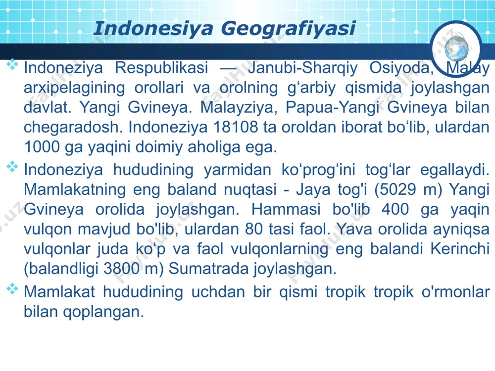 ozalaydilar. bu vaqtda sayyohlar mehmonxona hududida bo'lishlari va undan chiqmasliklari tavsiya etiladi. indoneziyada transport indoneziyada uzoq masofalarni bosib o'tish uchun samolyotda sayohat qilish eng qulaydir. ko'pincha bu yagona transport turi - mamlakat deyarli 18 ming orolda joylashgan. bir nuqtadan boshqasiga uchadigan ichki reyslar uchun 30 000 idr aeroport solig'i undiriladi (to'lov faqat indoneziya rupiyasida amalga oshiriladi). temir yo'l aloqasi faqat java orolida rivojlangan, shuningdek, sumatrada ikkita kichik segment mavjud. poezdda sayohat qilish juda qulay, ammo xarajat ancha yuqori, ayniqsa birinchi toifadagi uxlaydigan vagonda. indoneziyada transport shaharlararo avtobuslar juda zamonaviy avtomobillar bo'lib, bir xil orol ichida qat'iy jadval asosida ishlaydi. boshqa orollarga paromlarni o'z ichiga olgan bir nechta yo'nalishlar mavjud. chiptalar sayohatdan bir kun oldin avtovokzallarda yoki avtobus kompaniyalarining ofislarida sotib olinadi. shahar avtobuslari esa, aksincha, asosan eskirgan va eskirgan. taksidan foydalanish yaxshidir - ayniqsa, u juda qimmat emas. samolyotga chiqishdan oldin siz narxni kelishib olishingiz kerak, indoneziya valyutasida to'lash yaxshiroqdir. …