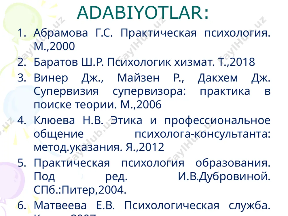 nishni to‘laqonli nazorat qilish bo‘yicha psixologik yordam ko‘rsatish. chexoslovakiyada psixologik xizmat 1980 yilda chexoslavkiyada maktab psixologik xizmati tuman yoki viloyat psixologik–pedagogik markazlari shaklida tashkil etilgan. chexoslavkiyadagi psixolog maslahatchining asosiy vazifasi maktabdagi psixodiagnostik faoliyatni to‘g‘ri yo‘lga qo‘yish bilan belgilanadi va baholanadi. fransiya psixologik xizmat maktabi maktab psixologiyasining otasi alfred bine 1905 yilda fransiya ta’lim vazirligi binega umumiy dastur bo‘yicha o‘qiy olmaydigan bolalarni tekshirish muammosi bilan murojaat qiladi va shu tariqa aqliy taraqqiyotdan orqada qolgan bolalar uchun bine-simon testi yaratilgan edi. 1909 yilda birinchilardan bo‘lib, fransiyada malakali maktab psixologik xizmati tizimi tashkil etiladi alfred bine rossiyada psixologik xizmat amaliyoti xx asrning oxirlariga kelib psixologik xizmat quyidagi ikki yo‘nalish bo‘yicha amalga oshirilishi belgilandi: birinchidan, psixologik xizmat turli xil ijtimoiy tuzilmalarga, ya’ni sog‘liqni saqlash, ta’lim, ishlab chiqarish jamoalari (va hokazo) ga psixologik yordam ko‘rsatishga ixtisoslashtirildi. ikkinchidan, turli xil yo‘nalishlardagi jamoalarda faoliyat yurutuvchi shaxslarga zarur bo‘lgan yuqori saviyali psixologik yordam ko‘rsatish tizimi joriy etildi. 1984 …