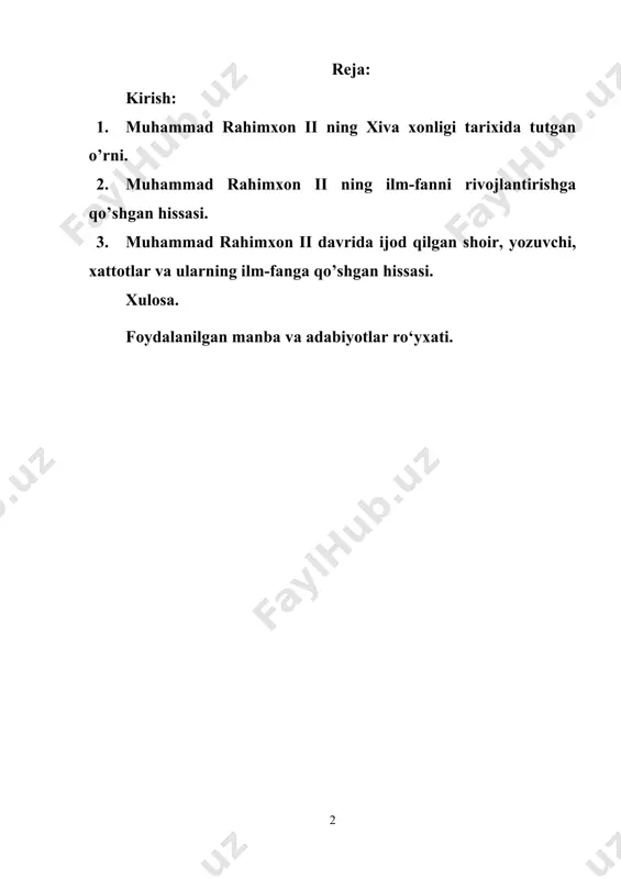 fanlar akademiyasi tarix instituti faoliyatini takomillashtirish to‘g‘risida”gi qarori o‘zbek davlatchiligi tarixi muammosining maqsadli rivojlanishiga imkon yaratdi[footnoteref:2]. respublikamiz birinchi prezidenti i.a. karimovning bir guruh tarixchi olimlar bilan uchrashuvidagi tarix fani borasida bildirgan fikrlari o‘zbek xalqi va uning davlatchiligi tarixi konsepsiyasining yaratilishiga g‘oyaviy asos bo‘lib, unda “ilmiy nuqtai nazarga tayangan davlatchilik tarixini yaratish”[footnoteref:3] asosiy maqsad sifatida belgilangan. o‘zbekiston respublikasi birinchi prezidenti i.a. karimovning xiva shahrining 2500 yilligiga bag‘ishlangan tantanali marosimda so‘zlagan nutqida[footnoteref:4], “xorazm ma'mun akademiyasini qaytadan tashkil etish to‘g‘risida”gi farmonida[footnoteref:5] xorazmning shaharsozlik va davlatchilik tarixini o‘rganish masalasi ilgari surilgan.o‘zbekiston respublikasi mustaqilligi sharoitida xorazm vohasining xix asr ikkinchi yarmi-xx asrning 20-30 yillari davri tarixshunosligini yoritish, turli davrlarda amalga oshirilgan tadqiqotlar natijalari asosida davlatchilik muammosining o‘rganilishiga haqqoniy baho berish muhim vazifalardan biriga aylandi. zero, xiva xonligining xix asrning ikkinchi yarmi xx asr 20-30 yillari davri tarixi keng o‘rganilgan bo`lsa-da, lekin sovet davri tarixshunosligida turlicha qarashlar mavjud bo`lgan. xix asr boshida ushbu sulola vakillari hokimiyat …
