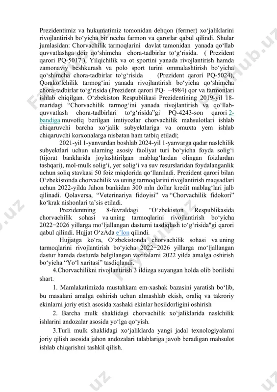 qon xayotini mustahkamlash, musatqil erkin dehqon (fermer) xo‘jaligidagi yirik salohiyatni o‘zbekiston aholisini oziq-ovqat mahsulotlari bilan to‘liq ta’minlay olishga yo‘naltirish bugungi kunda tadbirkorlik faoliyatining bir ko‘rinishi bo‘lgan dehqon (fermer) xo‘jaliklarini rivojlantirish siyosatining asosini tashkil etadi. respublikamizda faoliyat ko‘rsatayotgan dehqon (fermer) xo‘jaliklarining soni 20 mingdan oshib ketdi. mustaqil mahsulot ishlab chiqaruvchi sub’ekti safatida dehqon (fermer) xo‘jaligi boshqa mulk va xo‘jalik yuritish shakllaridagi korxona va tashkilot bilan teng huquqli huquqiy shaxs sifatida faoliyat ko‘rsatmokda. shuni ta’kidlash lozimki, huquqiy boshqaruv bilan ma’muriy buyruqbozlik o‘rtasida umumiylik yo‘qdir, chunki ma’muriy buyruqbozlik boshqaruvida mehnatkash dehqon yuqoridan kelgan buyruqni bojaruvchi oddiy bir ijrochi hisoblanadi. ammo, dehqon (fermer) bugungi kunda tadbirkor va iqtisodiy jihatdan erkin shaxs bo‘lib, ishlab chiqarish xo‘jalik faoliyatiga bog‘liq barcha masalalarni mustaqil hal qiladi va amaldagi belgilangan majburiyatlarini o‘z vaqtida bajaradi. shuning uchun ham tadbirkorlik faoliyatining muhim shartlaridan biri- bo‘lajak dehqon (fermer) xo‘jaliklarining o‘zbekiston respublikasi qonunchiligida belgilangan huquq va majburiyatlarini puxta bilishdir. so‘ngi paytda prezidentimiz va …