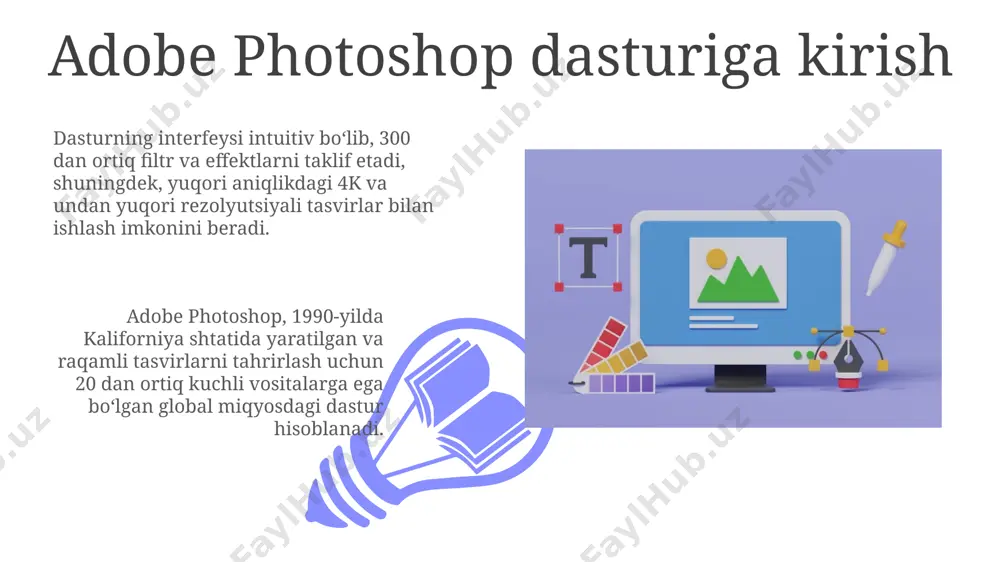 h imkonini beradi, bu esa suratlarga aniq va boy ranglar berishga yordam beradi, masalan, toshkentdagi quyosh botishini tasvirlashda. rasm formatlari va saqlash fayl hajmini kamaytirish uchun photoshop jpeg formatida saqlashda siqish darajasini 1 dan 12 gacha sozlash imkonini beradi, bu esa rasm sifatiga ta'sir qiladi. masalan, 12-daraja yuqori sifat, lekin katta hajmli fayl hosil qiladi. photoshop, 8bpc va 16bpc kabi rang chuqurliklarini qo'llab-quvvatlab, rasmlarni tiff, jpeg, png va boshqa 20 dan ortiq formatlarda saqlash imkonini beradi, bu esa turli xil ehtiyojlar va joylashtirish platformalariga moslashuvchanlikni ta'minlaydi. qatlamlar bilan ishlash photoshop'dagi qatlamlar palitrasida 20 ga yaqin turli xil aralashtirish rejimlari mavjud bo'lib, ular yordamida qatlamlar orasidagi o'zaro ta'sirni boshqarish va noyob vizual effektlar yaratish mumkin, masalan, farg'onada joylashgan studiya uchun reklama dizaynida. photoshop'dagi qatlamlar yordamida 100 dan ortiq rasm elementlarini, masalan, matnlarni, shakllarni va rasmlarni, bir-biriga ta'sir qilmasdan, mustaqil ravishda tahrirlash va joylashtirish mumkin, bu esa murakkab dizaynlarni samarqanddagi kabi yirik …