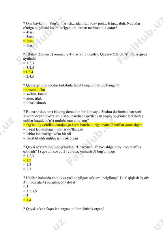 tarkibidagi unlilar haqida to'g'ri mulohazani aniqlang? = og'izning ochilish darajasiga ko'ra barcha turiga mansub unlilar qatnashgan = faqat lablanmagan unlilar qo'llangan = lablar ishtirokiga ko'ra bir xil = faqat til oldi unlilar ishtirok etgan ? qaysi so'zlarning 2-bo'g'inidagi "u" tovushi 'i" tovushiga moyilroq talaffuz qilinadi? 1) qovun, sovuq 2) yulduz, yumush 3) bug'u, uyqu = 1,2,3 = 1,2 = 1,3 = 2,3 ? unlilar imlosida xatolikka yo'l qo'yilgan so'zlarni belgilang? 1) ta' qiqlash 2) afv 3) muomala 4) burushiq 5) talofat = 5 = 1,2,3,5 = 3 = 1,4 ? qaysi so'zda faqat lablangan unlilar ishtirok etgan? = echki = mo'jaz = chirmovuq =o'rdak ? chuqur til orqa, jarangsiz, sirg'aluvchi undosh qaysi? = g' = x = h = q ? "v" tovushiga to'g'ri izoh berilgan qatorni aniqlang? = lab-lab, portlovchi, jarangsiz undosh tovush = lab-tish, portlovchi, jarangli undosh tovush = til oldi, sirg'aluvchi, jarangli undosh tovush = lab-tish, sirg'aluvchi, …