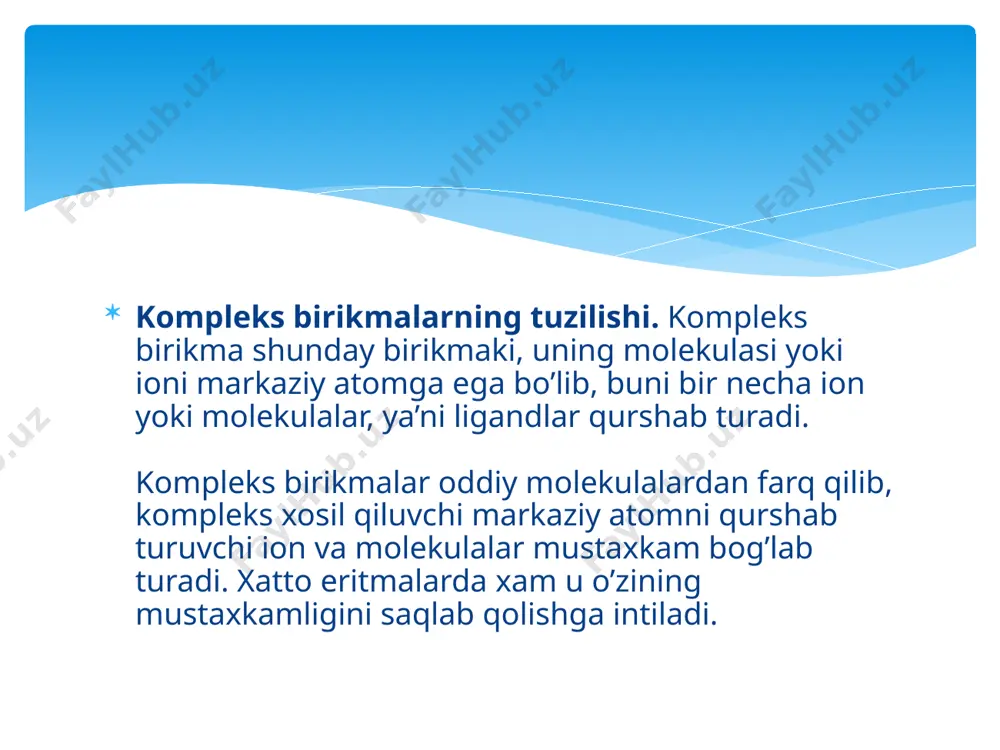 iladi: ammo to’rtta xlor ionining bog’langan bo’lishi, platina ionini boshqa xlor ionlariga ta’sir etish xususiyatidan mutlaqo mahrum qila olmaydi. shuning uchun, agar boshqa xlor ionlari platina ioniga yaqin bo’lsa, platina ioni ularni darhol o’ziga torta boshlaydi. ammo platina ioniga yaqin kelayotgan har qaysi xlor ionini platina bilan bog’langan to’rtta xlor ioni itaradi. agar platina ionini tortish kuchi xlor ionlarining itarish kuchlaridan ko’p bo’lsa, xlorning yangi ionlari platina ioniga birikadi. yana boshqa x lor ionining birikishi bilan itarish kuchi ortib boradi va bu kuch tortish kuchidan ortib ketgach, boshqa xlor ionlari birikmaydi. ayni sholda platina ionlari bilan oltita xlor ioni bog’langanda ana shunday payt vujudga keladi. bitta platina ionidan va oltita xlor ionidan iborat gruppada ortiqcha ikkita manfiy zaryad bo’ladi; bu guruppa kompleks ion []__ ning xuddi o’zidir. unga ikkita musbat kaliy ioni birikkanda kompleks tuz hosil bo’ladi. kovalent bog’lanishlar nazariyasi ftor ionlari va bor(iii)-ftorid molekulalaridan kompleks ionning hosil bo’lishini ko’rib …