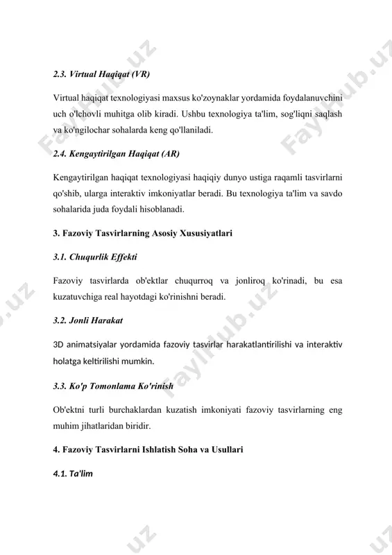 i. texnik murakkabliklar. 7. kelajakda fazoviy tasvirlar fazoviy tasvirlar texnologiyasi tez sur'atlar bilan rivojlanmoqda. kelajakda: holografik darsliklar va virtual laboratoriyalar paydo bo'ladi. shaxsiy 3d o'quv vositalari keng tarqaladi. har bir inson uchun interaktiv fazoviy imkoniyatlar yaratiladi. maktabgacha ta'lim sohasida "fazoviy tasvirlarni shakllantirish" texnologiyalari bolalarning qiziqishini oshirish va ularga bilimlarni qiziqarli shaklda yetkazishda samarali vosita hisoblanadi. quyida ushbu mavzuga oid qo‘shimcha ma’lumotlar keltiriladi. maktabgacha ta’limda fazoviy tasvirlarning ahamiyati 1.vizual o‘rganish usuli: bolalar vizual materiallarni yaxshiroq tushunishadi va fazoviy tasvirlar ularga uch o‘lchamli ob’ektlarni realistik ravishda ko‘rsatadi. 1. qiziqarli o‘yinlar va mashg‘ulotlar: 3d texnologiyalar yordamida bolalarga mo‘ljallangan interaktiv o‘yinlar yaratiladi. bu ularning mantiqiy fikrlash va ijodkorlik qobiliyatlarini rivojlantiradi. 2. erta rivojlanish uchun imkoniyatlar: fazoviy tasvir texnologiyalari bolalarda fazoviy fikrlashni rivojlantiradi, bu esa matematik va texnik bilimlarni o‘zlashtirishga asos yaratadi. fazoviy tasvirlardan foydalanish misollari 1. hikoyalar yaratish: 3d texnologiyalar yordamida bolalar uchun qahramonlar va ularning muhitlarini jonlantirish mumkin. 2. shakl va ranglarni o‘rgatish: …