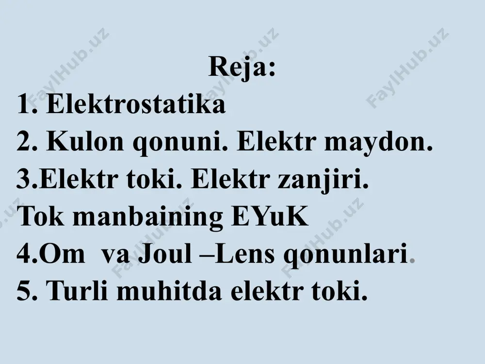 nganlik chiziqlari radial iboratdir. musbat zaryad uchunkuch zchiziqlari yonalishi zaryad dan chiqqan bo’ladi . маfiy zaryad uchun esa, kuch chiziqlari yo’najishi zarya dga yo’nalgan bo’ladi . 11 maydonnig barcha nuqtalarida kuchlanganlik bir hil bo’lsa elektr maydon bir jinsli deb ataladi. 12 bir jinsli elektrostatik maydonda zaryadni ko’chirishda bajarilgan ish bajargan ish traektoriyaning shakliga bog’liq emas,u boshlang’ich va oxirgi nuqtalar bilan btlgilanadi. yopiq traektoriyada bajarilgan ish nolga teng. _ + + + + + + _ _ _ _ _ + + + zaryadga ta’sir etuvchi kuch zaryadni ko’chirishda elektrostatik maydonning bajarilgan ish 13 3. elektr sig‘im. kondensatorlar. 3. elektr sig‘im. kondensatorlar. 3. elektr sig‘im. kondensatorlar. e l e k t r t o k i elektr zaryadlarining tartibli harakati elektr toki deb ataladi. musbat zaryadlarning harakat yo’nalishi elektr tokining yo’nalishi hisoblanadi. tok kuchi – elektr tokining o’lchov miqdoridir – berilgan yuzadan kichik dt vaqt oralig’ida ko’chirilgan dq zaryad miqdoriga aytiladi. …