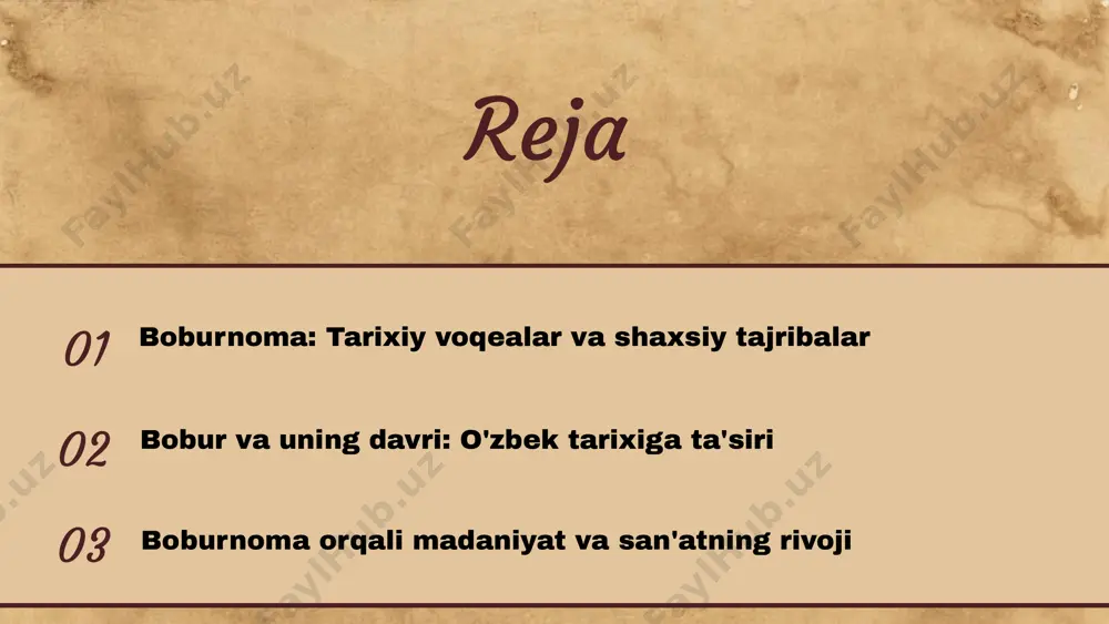 q bayon etadi. boburning sayohatlari asarda muhim o'rin tutadi. u ko'plab mamlakatlarni, madaniyatlarni va insonlarni uchratgan, bu esa uning fikr va qarashlariga ta'sir ko'rsatgan. shaxsiy his-tuyg'ulari asarda juda kuchli ifodalangan. bobur ba'zan xursand, ba'zan esa g'amgin bo'lib, o'zining ichki kurashlarini ochib beradi. boburning o'ziga xos qarashlari, masalan, urush va tinchlik, adolat va zulm kabi mavzular asarda muhim o'rin tutadi. u o'z fikrlarini ochiq bayon etadi. boburnoma: asarning ta'siri va merosi boburnoma asari markaziy osiyo va hindiston tarixida muhim ahamiyatga ega. u o'z davrining madaniyati, urf-odatlari va ijtimoiy hayotini yoritadi, bu orqali bobur o'z hayoti va tajribalari haqida keng ma'lumot beradi. asar keyingi avlodlarga ilhom manbai bo'lib xizmat qiladi, yoshlarni o'z maqsadlariga erishishda ruhlantiradi va tarixiy shaxslar haqida bilim beradi. boburnoma boshqa adabiy asarlarga, xususan, o'zbek va hind adabiyotiga ta'sir ko'rsatgan. u ko'plab yozuvchilar uchun ilhom manbai bo'lib qoldi. bugungi kunda boburnoma ilmiy tadqiqotlar uchun muhim manba sifatida o'rganilmoqda, uning o'rganilishi …