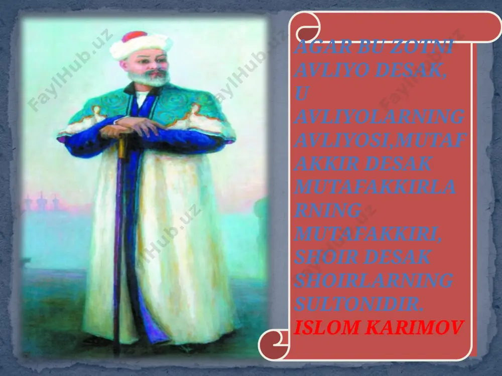 lison ut-tayr” dostoni yozildi. 1498-1499-yillarda”munshoat”tuzildi. 1500-yil “mahbub ul-qulub”asari yozildi. 1501-yil 3-yanvarda alisher navoiy vafot etdi. "xamsa"tarkibidagi asarlar farhod va shirin sab`ai sayor saddi iskandariy layli va majnun hayrat ul-abror oldin bilib olib keyin so`zlagin, oltin topib, so`ngra xarjin ko`zlagin. oldig`a qo`yganin yemoq hayvonning ishi, og`zig`a kelganin demoq nodonning ishi. etiboringiz uchun rahmat! etiboriz uchun rahmat uyda qoling image3.jpeg image4.jpeg image5.png image6.jpeg image7.jpeg image8.png /docprops/thumbnail.jpeg