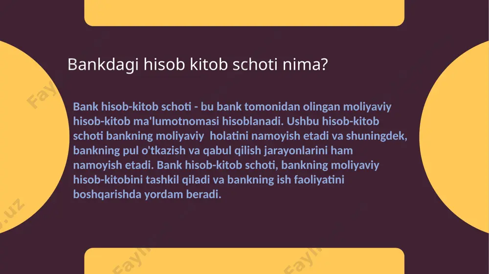 ning har biri, moliyaviy hisob-kitobdagi muomalalarni aniqlash va hisobga olish uchun muhimdir. shuningdek, hisob-kitob schotlari, bankning moliyaviy hisob-kitobini tashkil qilish va boshqarishda yordam beradi. muomalalar, moliyaviy hisob-kitob schotini tuzishda hisobga olinadigan har qanday tashkilot yoki shaxsga oid moliyaviy operatsiyalardir. bu operatsiyalar, bank hisob-kitobida to'liq va aniq tasvirlanishi uchun hisob-kitob schoti tuzishda muhim ahamiyatga ega. bu muomalalar shular jumlasidan, pul qabul qilish, pul yechish, hisob-kitobni to'ldirish, kreditlar va debetlar, moliyaviy huquqlarni sotish va sotib olish, to'lov qilish va qabul qilishlar kabi moliyaviy amallarni o'z ichiga oladi. moliyaviy hisob-kitob schoti tuzishda muomalalar hisobga olishning asosiy maqsadi, bankning moliyaviy holatini, daromad va xarajatlarni, kashfiyotlar va chiquvlarini hisobga olish va bank hisob-kitobining to'g'ridan-to'g'ri moliyalashtirilishiga yordam berishdir. xulosa! korsatilgan malumotlarga kora hisob-kitob schoti, bankning moliyaviy holatini namoyish etadi va shuningdek, bankning pul o'tkazish va qabul qilish jarayonlarini ham namoyish etadi.hisob-kitob schoti hisobga olish jarayoni, bankning moliyaviy hisob-kitobidagi muomalalarni aniqlash uchun juda muhimdir. muomalalar, bankning moliyaviy …