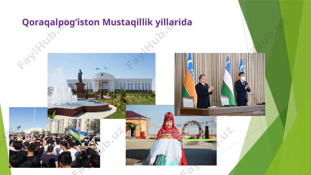 iston mustaqilligi yillarida qoraqalpog’iston davlatchiligi taraqqiyoti qoraqalpog'iston jamoatchiligining o'zbekiston tarkibida dav-lat mustaqilligi va respublika maqomining huquqiy asosiga ega bo'lishga intilishi prezident islom karimov tomonidan qo'llab-quvvatlandi. natijada 1990-yil 14-dekabrda qoraqalpog'iston respublikasi oliy kengashi o'zining iv sessiyasida «o`zbekiston respublikasi tarkibida qoraqalpog'iston respublikasi davlat suve-reniteti to'g'risidagi» deklaratsiyani qabul qildi. mazkur deklara-tsiya 1991-yil 31-avgustda qabul qilingan «o`zbekiston respublikasi davlat mustaqilligi asoslari to'g'risida»gi qonunda o'zining huquqiy maqomiga ega bo'ldi. unda qoraqalpog'istonning hududiy yaxlit-ligi va mustaqilligi to'la e'tirof etildi. qonunda qoraqalpog'iston va o'zbekiston o'rtasidagi munosabatlar teng huquqlilik, ikkito-monlama shartnomalar, bitimlar va boshqa qonun aktlari asosida mustahkamlanishi ko'rsatib berildi. har ikki respublika o'rtasidagi siyosiy, huquqiy, iqtisodiy va madaniy munosabatlar o'zbekiston respublikasining 1992-yil 8-dekabrda qabul qilingan konstitutsi-yasida (70-75-moddalar) o'z aksini topdi. natijada ikkitomonlama hurmat asosida qoraqalpoq xalqining o'z taqdirini o'zi belgilash, mustaqil taraqqiyot hamda milliy davlatchilikni mustahkamlashdagi roli oshdi. kelajakka qat'iy ishonch bilan qaraydigan, olis istiqbolni yaratishning kafolatini beradigan huquqiy maqomga ega bo'ldi. konstitutsiyaning 21-moddasiga asosan qoraqalpog'iston res­publikasi …