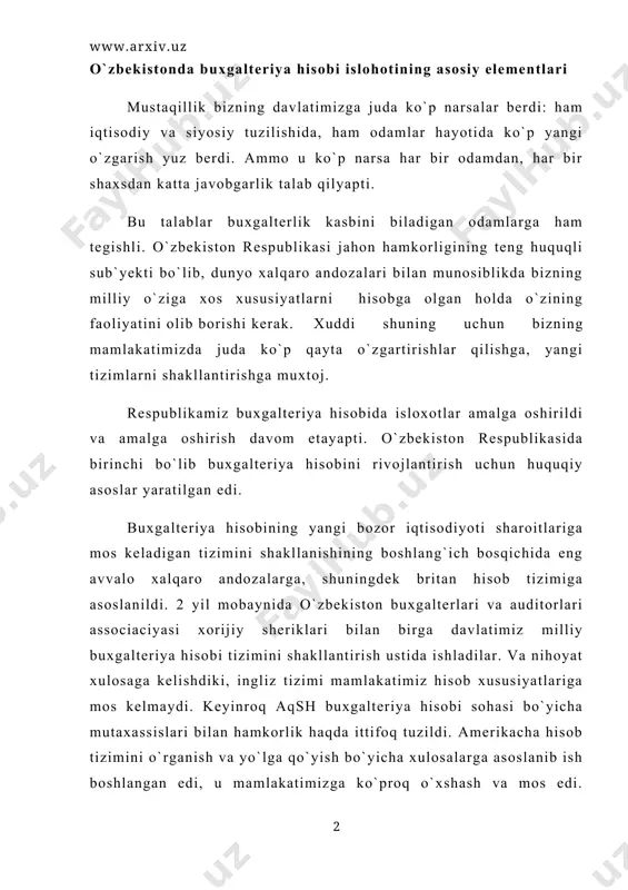 bekiston respublikasi milliy buxgalteriya hisobi andozalarini ishlab chiqishga kirishildi. dunyo amaliyotida 34 ta buxgalteriya hisobi andozalari bor, bizning mamlakatimizda 21 ta andozalar ishlab chiqilgan, ulardan 17 tasi o`zbekiston respublikasi adliya vazirligi tomonidan tasdiqlangan. bu o`z navbatida mamlakatimizning buxgalteriya hisobi rivojlanishida muhim tarixiy qadamdir. eng avvalo moliyaviy hisobot topshirishga tayyorgarlik ko`rish va taqdim etish uchun konceptual asos ishlab chiqildi. (1994 yil 14 avgustda qayd etilgan) u "buxgalteriya hisobi haqiqa" gi o`zbekiston respublikasi qonuni (1996 yil 30 avgust) asosida ishlab chiqilgan va asosiy tushunchalarni ta`riflab beradi. ular foydalanuvchilar (ichki va tashqi) uchun moliyaviy hisobot berishga tayyorgarlik ko`rish va taqdim etish asoslarini tashkil etadi. moliyaviy hisobot berish quyidagi tamoyillar bilan mos ravishda tuzilishi kerak: 1. izohlar, hisob-kitoblar va tushuntirishlar (ularda qo`shimcha ma`lumotlar, tushuntirish yozuvlari ko`rinishida). 2. hisoblash tamoyili (daromadlar va xarajatlar, ularning kelib tushishi yoki paydo bo`lishi miqdori bo`yicha e`tirof etiladi). bu tamoyilda "oltin qoida" dan foydalanish kerak: -agar kirimni tan olsang - …