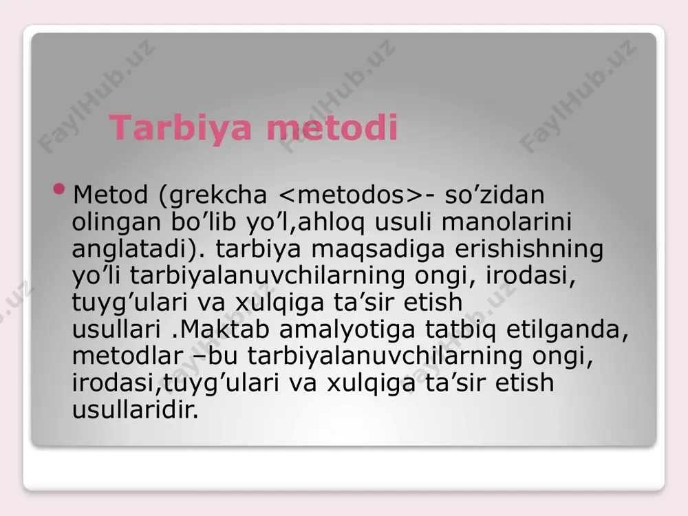 v qoidasi tarbiyani hayot bilan,mehnat bilan bog’liqlik qoidasi tarbiyada milliy-madaniy va umuminsoniy qadriyatlarnig ustivorligi tarbiyada o’quvchilarning yoshi va shaxsiy xususiyatlarini hisobga olish qoidasi tarbiyaviy ishlarning izchilligi,tizimliligi hamda birligi ta’lim metodi o’qituvchining o’quvchilar bilan muntazam qo’llaydigan,o’quvchilarga o’z aqliy qobiliyatlarini va qiziqishlarini rivojlantirish,bilim va ko’nikmalarni egallash hamda ulardan amalda foydalanish imkonini beruvchi ish usuli.belgilangan ta’lim berish maqsadiga erishish bo’yicha ta’lim beruvchi va ta’lim oluvchilar o’zaro faoliyatini tashkil qilishning tartibga solingan usullari majmuasidir. sharqona tarbiya va milliy qadriyatlar xalqimiz azaldan sharqona tarbiya ko’rgani bois,ezgu fazilat va milliy qadriyatlar qon-qonimizga singib kelgan.shu tariqa u ma’naviymezonlarga xos odob-axloq,komillik sari yetaklovchi fazilatlarni uyg’otib,jamiyatimizni,orimizni qo’zg’atib turadi.tanimizga kuch-quvvat,qalbimizga g’urur bag’ishlaydi.bu tuyg’uning nomi andishadir.shu bois,sharq olamida andisha insonlarni bir biriga yaqinlashtirgan,ularni aka-uka,og’a- ini,yoru-birodarlarga aylantirib,mehr-oqibat tuyg’ularini mustahkamlagan. abu rayhon beruniyva va alisher navoiy tarbiya tug’risidagi fikirlari. beruniy hazratlari bejiz”biz boshqalar aqidasini kamsitmagan holda o’z qarashlarimizni himoya qilishga haqlimiz va shunday qilishga burchlimiz”demagan.”kulib turgan odamning oldida yig’lama,yig’lab turgan odamning oldida kulma”,degan …