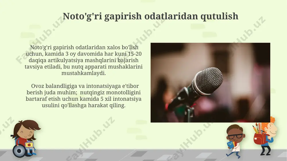 r qatorda, nutq tembri va intonatsiyasini o‘rgatish ham muhim, bu nutqning ifodaliyligini 15% ga oshiradi. nutqdagi mantiqiylik va izchillikni ta'minlash argumentlarni taqdim etishda kamida 2-3 ta dalil keltirish va ularni faktlar, statistik ma'lumotlar yoki misollar bilan tasdiqlash muhim. nutqning izchilligini ta'minlash uchun, fikrlarni xronologik tartibda yoki sabab-oqibat bog'lanishiga asoslangan holda tartiblash tavsiya etiladi. e'tiboringiz uchun rahmat @taqdimot_robot image6.jpg image7.jpg image8.jpg image9.jpg image10.jpg image11.jpg image12.jpg image13.jpg image14.jpg image15.jpg image16.jpg image17.jpg image1.png