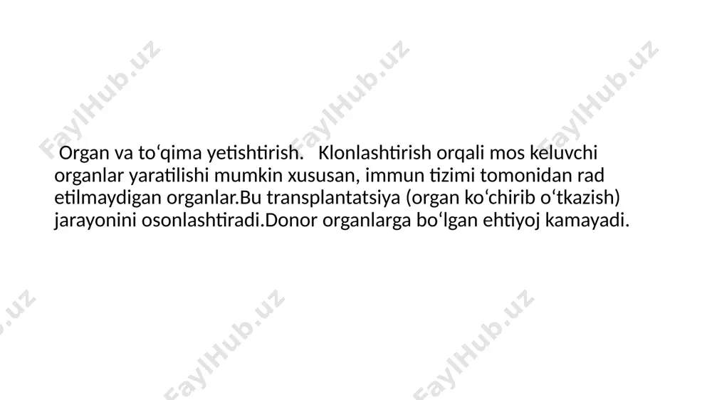 ojlanish bosqichida nobud bo‘ladi. noto‘g‘ri dnk ko‘chirilishi– dnk to‘liq yoki to‘g‘ri ko‘chirilmasa, klonlash natijasi yaroqsiz bo‘lishi mumkin foydalanilgan adabiyotlar 1.sobirova r.a abrorov o.a biologik kimyo toshkent 2006 – yil 2. sobirova r .a yo’ldosheva .a. m biokimyo toshkent 2021-yil 3. sadlliyeva s.x zokirov q.g’ biokimyo va molekulyar biologiya e’tiboringiz uchun rahmat image1.png image2.png image3.png image4.png image5.png /docprops/thumbnail.jpeg