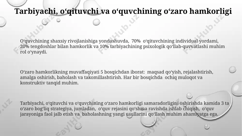 kamida 3 xil turdagi o‘quv faoliyatida (individual, juftlik, guruh) ishtiroki ularning kognitiv va ijtimoiy ko‘nikmalarini rivojlantiradi. o‘quvchining faol ishtirokida 70% dan ortiq dars vaqti amaliy mashg‘ulotlarga, mustaqil ishlarga va guruhiy loyihalarga ajratilishi samaradorlikni oshiradi. e'tiboringiz uchun rahmat @taqdimot_robot image1.png image2.png image3.png