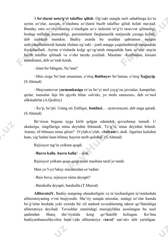 mad) rejissyor tag‘in yelkam qoqdi. –barra kalla, barra kalla! – dedi. rejissyor yelkam qoqa-qoqa meni mashina taraf jо‘natdi. men yо‘l-yо‘lakay raisimizdan sо‘radim: –rais bova, rejissyor nima deyapti? –barakalla deyapti, barakalla.(t.murod) alliteratsiy. badiiy nutqning ohandorligini va ta’sirchanligini ta’minlashda alliteratsiyaning о‘rni beqiyosdir. she’riy nutqda misralar, undagi sо‘zlar hamda bо‘g‘inlar boshida yoki oxirida bir xil undosh tovushlarning takror qо‘llanishiga alliteratsiya deyiladi. tovushlar zamiridagi musiqiylikka asoslangan bu usul qadimdan sharq she’riyatida keng qо‘llanilib kelingan. kо‘hna badiiyatshunoslik(«ilmi bade’»)da alliteratsiya «tavzi’ san’ati» deb yuritilgan. alliteratsiya deganda zabardast shoir erkin vohidovning mashhur «q» alliteratsiyali she’ri kо‘z oldimizga keladi: qaro qoshing, qalam qoshing, qiyiq qayrilma qoshing qiz, qilur qatlimga qasd qayrab – qilich qotil qaroshing, qiz. qafasda qalb qushin qiynab, qanot qoqmoqqa qо‘ymaysan. qarab qо‘ygil qiyo, qalbimni qizdirsin quyoshing qiz. bunday usulni shoir elbek ijodida ham kuzatish mumkin: kо‘klamda kо‘karsa kо‘k kо‘katlar, kо‘klarga kо‘milsa katta-kattalar, kо‘m-kо‘k kо‘karib kо‘rinsa kо‘llar, kо‘ngilni kо‘tarsa kо‘rkli gullar. yoki, abdulhamid sulaymon chо‘lponning mashhur …