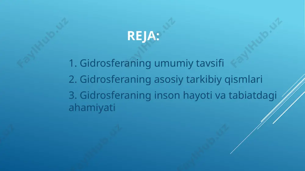 iga chiqadi. muzliklar – ayniqsa qutb hududlarida va tog‘li zonalarda uchraydi. ular dunyo chuchuk suv zaxirasining katta qismini saqlaydi. c) atmosferadagi suv bu – bug‘ holidagi suv bo‘lib, bulutlar tarkibida mavjud. atmosferadagi suv doimo aylanishda bo‘lib, yog‘in shaklida yerga qaytadi. 3. gidrosferaning inson hayoti va tabiatdagi ahamiyati gidrosfera hayotning asosi bo‘lib, barcha tirik organizmlar uchun zarurdir. quyidagi jihatlar uning ahamiyatini ko‘rsatadi: ichimlik suvi manbai — inson organizmi suvga bog‘liq bo‘lib, toza ichimlik suvi sog‘liq uchun muhim. qishloq xo‘jaligi — dehqonchilik, bog‘dorchilik va chorvachilik faoliyatlari suv resurslariga bevosita bog‘liq. energetika — ges (gidroelektrostansiyalar) orqali energiya ishlab chiqariladi. transport — suv yo‘llari orqali yuk va yo‘lovchi tashish mumkin. ekotizimlar hayotiyligi — suvli muhitda turli xil organizmlar yashaydi: baliqlar, suv o‘tlari, suv hasharotlari va boshqalar. iqlim va ob-havoga ta’siri — okean va dengizlar issiqlikni shimib olib, uni atmosfera orqali qayta taqsimlaydi. xulosa gidrosfera – tabiatning ajralmas qismi bo‘lib, u butun sayyoraning iqlimi, tirik …