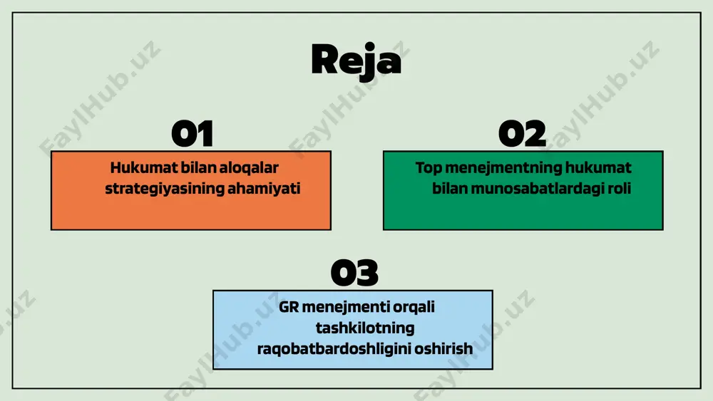 beradi. strategiyaning asosiy elementlari hukumat bilan aloqalar va raqobatbardoshlik hukumat bilan aloqalar (gr) strategiyalari tashkilotlar uchun raqobatbardoshligini oshirishda muhim rol o'ynaydi. bu strategiyalar orqali tashkilotlar hukumat bilan aloqalarni mustahkamlab, yangi imkoniyatlar yaratishlari mumkin. masalan, hukumat tomonidan taqdim etiladigan grantlar yoki subsidiyalar orqali moliyaviy yordam olish imkoniyati ko'payadi. bunday aloqalar, shuningdek, tashkilotning ijtimoiy mas'uliyatini oshirib, jamoatchilik bilan munosabatlarini yaxshilaydi. swot tahlil: kuchlar va zaifliklar imkoniyatlar va tahdidlar photo by pavel neznanov on unsplash photo by alex shuper on unsplash muvaffaqiyatli gr strategiyalari hukumat bilan aloqalar uchun samarali strategiyalarni ko'rib chiqamiz. 1. ijtimoiy mas'uliyat: kompaniyalar ijtimoiy mas'uliyatni o'z ichiga olgan loyihalarni amalga oshirib, hukumat va jamoatchilik tomonidan qo'llab-quvvatlashni oladi. masalan, ekologik loyiha yoki ta'lim bo'yicha dasturlar, jamiyatda ijobiy ta'sir ko'rsatish bilan birga, hukumat bilan aloqalarni mustahkamlashga yordam beradi. bu kabi strategiyalar davlat tomonidan yaxshi qabul qilinadi. 2. lobbying: muvaffaqiyatli lobbi strategiyalari hukumat qarorlariga ta'sir o'tkazish uchun ochiq va shaffof muloqotni o'z ichiga …