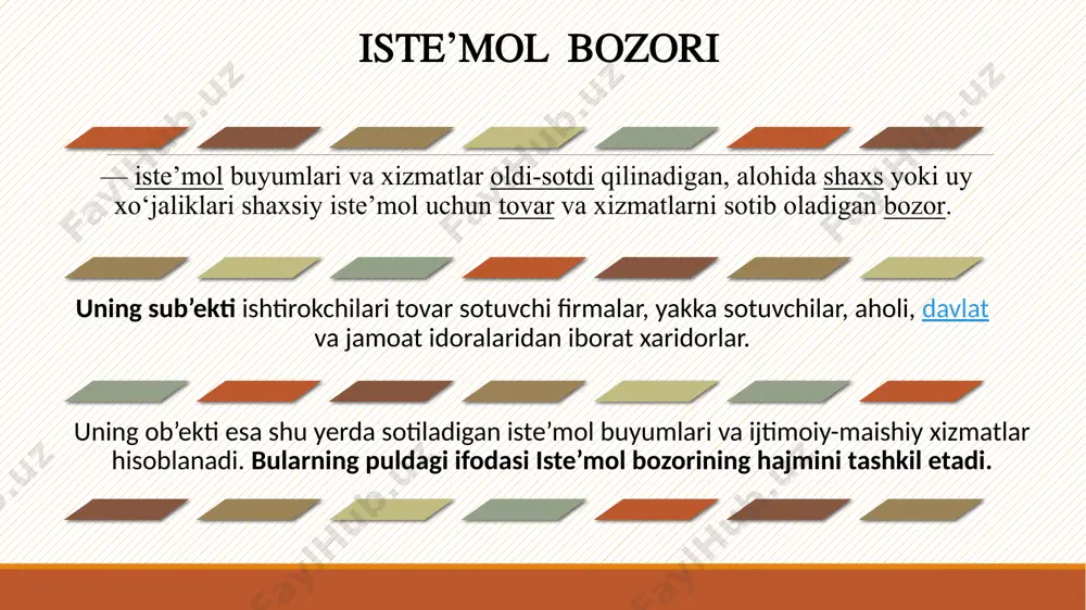 ropensity to consume marginal propensity to saving demak, iste’mol hajmi avtonom iste’molga, tasarrufidagi daromad hajmiga va iste’mol hajmining tasarrufidagi daromad oʻzgarishiga ta’sirchanligiga bogʻliq. s = - a + (1 – b) (y – t) yd - a e c c = a +b (y – t) yd e a c iste’mol va jamg‘arma funksiyalarining egri chiziqlari qarzga yashash jamg‘arma e nuqtadagi daromad – bo‘sag‘ali daromad: s = yd va s = 0 c = a +b (y – t) yd c iste’mol omillari uy xo‘jaliklari daromadlari uy xo‘jaliklari boyligi narxlar darajasi inflyatsiyaning kutilishi iste’molchilar qarzlari soliq solish darajasi makroiqtisodiy siyosat va bank tizimiga ishonch darajasi tovar bozoridagi makroiqtisodiy muvozanatning shartlari keyns kesishmasi e – (rejalashtirilgan xarajatlar) e = y e = c + i + g + xn y – (daromad, real xarajatlar) muvozanat nuqtasida y = c + i + g (+ xn) e = y ad = as …