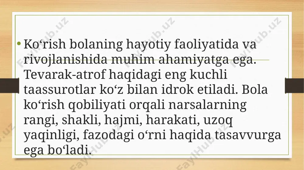 necha yillardan keyin infeksiya takrorlanadi, ko‘zning ichida chandiqlar bo‘lishi, qovoqlar og‘rishi, ko‘zi ojizlikka ham olib kelishi mumkin. nistagm-ko‘zning beixtiyor, ritmik takrorlanuvchi harakatlari. ko‘zning ortiqcha harakatlari natijasida ko‘rilayotgan tasvir yoyilib ko‘rinadi. nistagmda bola ko‘rayotgan obyektga ko‘rish diqqatini jamlashda qiynaladi. bu qiyinchiliklar, ayniqsa harakatdagi dinamik idrokni qiyinlashtiradi. astigmatizmda, ko‘pincha uzoq va yaqindan ko‘rishning buzilishi qo‘shilib keladi. shox pardaning shakli buzilishi natijasida nurlar noto‘g‘ri sindiriladi. astigmatizmi bor bolalar to‘r pardasida vertikal, gorizontal va boshqa yo‘nalishdagi qiyshiq idrok kuzatiladi va natijada noto‘g‘ri tasvir paydo bo‘ladi. afaksiya-gavharning yo‘qligi. shox pardaning vazifasi-nurlarni sindirish. afaksiya kasalligida va gavhar siljib ketgan bolalar jismoniy vazifalardan cheklanishi, tez harakatlar, og‘ir ko‘tarish, tana silkinishlaridan himoya qilinishi zarur. ko‘rish va me’yordagi ko‘rish imkoniyatining rivojlanishi 4 yoshdan 7 yoshgacha bolalarning me’yoridagi ko‘rish rivojlanishi; •abstrakt figura va belgilarni, taniy olish, farqlash va nusxasini yaratish; • figuralardan andaza olish, chizish va ko‘chirish; • bir detal orqali o‘xshash figuralar turini aniqlash; • rasmdagi munosabatlarni, abstarkt figuralar …