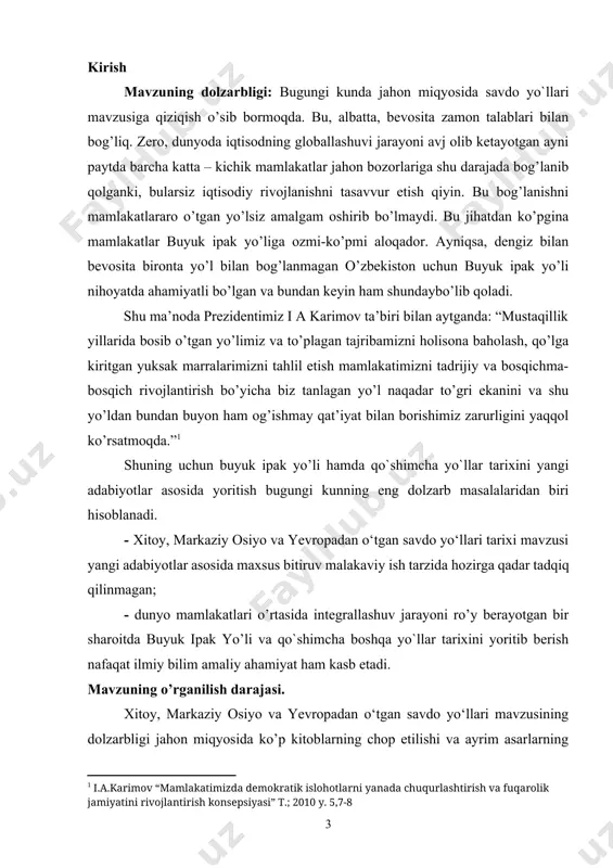 na shaharlari haqida ozmi ko’pmi adabiyotlar xususan, taniqli arxeolog olim i.ritveladzening “buyuk ipak yo’li” asarini ham misol keltirishimiz mumkin.[footnoteref:3] [3: e.ritveladze “buyuk ipak yo’li” ensiklopedik ma’lumotnoma. t.; 1999 y. b-24] bundan tashqari ushbu mavzu bo’yicha abduholiq abdurasul o’g’li, t.kamolov, n,karimov, a.o’rinboyev, o.bo’riyevlarning ham olib borgan tadqiqotlari diqqatga sazovordir.[footnoteref:4] [4: abduholiq abdurasul o’g’li. buyuk ipak yo’li. muloqot-7, 8. 1994 y. b-15] bitiruv malakaviy ishning maqsad va vazifalari: tadqiqotning yuqoridagi bosh maqsadidan kelib chiqib quyidagilarni hal etish asosiy vazifa etib qo’yiladi. · o’rganilayotgan mavzuni kompleks tadqiq etish uchun ushbu mavzuga oid ilmiy manba va adabiyotlarni to’plash va tahlil etish, · xan etnos va uning xitoy xalqining shakllanishidagi qo’shgan hissasini ochib berish, · xitoy va o`rta osiyo orqali yevropaga o’tgan katta karvon yo’llari va uning bugungi kundagi ahvolini yoritib berish, · dengiz yo’llarini rivojlanishi va ularning buyuk ipak yo’liga ta’siri masalalarini qiyosiy tahlil asosida ochib berish, · tadqiqot natijalariga ko’ra yangi ilmiy xulosalar …
