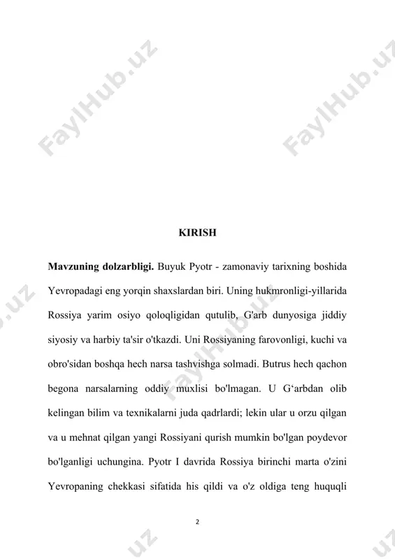 g tugallanmaganligi va rossiyaning geografik, jismoniy va insoniy xususiyatlari tufayli duch kelgan to'siqlarni uyalmasdan e'tiborsiz qoldirdi. albatta, har qanday odam singari, butrus ham o'z harakatlarining barcha oqibatlarini, ba'zan uzoq va bilvosita oldindan ko'ra olmadi. kurs ishining maqsadi va vazifasi: ushbu kurs ishining maqsadi rossiyaning pyotr i hukmronligi davri jahon tarixidagi o`rnini yanada kengroq ochib berish. bu davlat haqida ma’lumotlar juda kam. shu tufayli bu davr va shaxsga doir ma’lumotlar bazasini kengaytirish va uni ilmiy nuqtai nazardan o`rganib mohiyatini yanada oydinlashtirishi va mavzuga oid mavjud ma’lumotlardagi noaniqlik va xatolarga oydinlik kiritish. shuningdek rossiyaning pyotr i hukmronligidavridagi siyosiy ijtimoiy va iqtisodiy hayotiga aniqlik kiritish va tahlil qilishdan iborat. kurs ishining vazifasi: pyotr i hukmronligi rossiya davlatchiligining tarixda tutgan o‘rnini turli ilmiy tadqiqot metodlari asosida o‘rganish maqsadida quyidagi vazifalar belgilab olindi: - rossiyaning pyotr i hukmronligi davri tarixining o‘rganilishi natijalarini tahlil qilish; - umumlashtirish va ularning tarixi va madaniyatini o‘rganishdagi ahamiyatini ochib berish; …