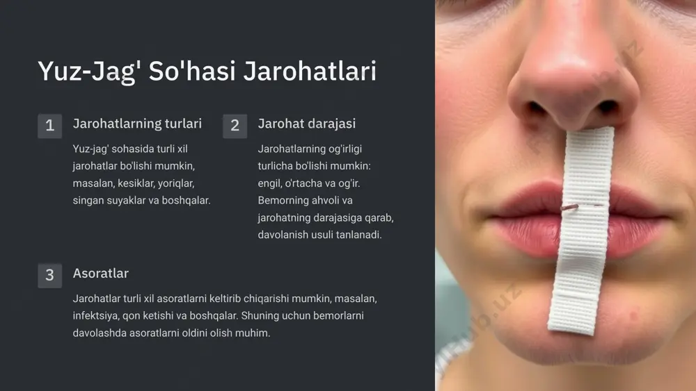 anishi yuz-jag' so'hasidagi jarohatlar nervlarga zarar yetkazishi mumkin. bu, masalan, yuzning falajiga olib kelishi mumkin. 8 yuz-jag' so'hasi singanlarni davolash 1 tashxis tashxis qo'yish uchun rentgenografiya va kt tekshiruvlari o'tkaziladi. 2 stabilizatsiya singan suyaklarni stabilizatsiya qilish uchun maxsus usullar qo'llaniladi, masalan, yopiq yoki ochiq reduksiya, fiksatsiya va boshqalar. 3 jarrohlik ba'zi hollarda, singan suyaklarni tiklash uchun jarrohlik amaliyoti o'tkaziladi. 4 rehabilitatsiya jarrohlikdan so'ng, bemorlarga rehabilitatsiya mashqlari buyuriladi. bu mashqlar yordamida bemorning harakatchanligi va funksiyasi tiklanadi. 9 yuz-jag' jarrohligida zamonaviy texnologiyalar 1 3d modellashtirish jarrohlik amaliyotini oldindan rejalashtirishda foydalaniladi. 2 robotika jarrohlik amaliyotini aniq va samarali bajarishga yordam beradi. 3 kompyuter tomografiyasi tashxis qo'yish va jarrohlik amaliyotini rejalashtirishda qo'llaniladi. 10 image1.png image2.png image3.png image4.png image5.png image6.png image7.png image8.png image9.png image10.png image11.png image12.png image13.png image14.png image15.png image16.png image17.png image18.png image19.png