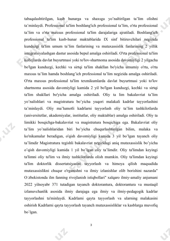 iy ta lim bakalavriat ta’lim yo’nalishlari va magistratura bo’yicha yuqori malakali kadrlar tayyorlashini ta’minlaydi. oliy ma’lumotli kadrlarni tayyorlash oliy ta’lim tashkilotlarda (universitetlar, akademiyalar, institutlar, oliy maktablar) amalga oshiriladi. oliy ta limikki bosqichga-bakalavriat va magistratura bosqichiga ega. bakalavriat oliy ta’lim yo’nalishlaridan biri bo’yicha chuqurlashtinlgan bilim, malaka va ko'nikamalar beradigan, o'qish davomiyligi kamida 3 yil bo’lgan tayanch oliy ta’limdir magistratura tegishli bakalavriat negizidagi aniq mutaxassislik bo’yicha o’qish davomiyligi kamida 1 yil bo’lgan oliy ta’limdir. oliy ta'limdan keyingi ta'limni oliy ta'lim va ilmiy tashkilotlarda olish mumkin. oliy ta'limdan keyingi ta'lim doktorlik dissertatsiyasini tayyorlash va himoya qilish maqsadida mutaxassislikni chuqur o'rganishni va ilmiy izlanishlar olib borishini nazarda" oʻzbekistonda ilm fanning rivojlanish istiqbollari" xalqaro ilmiy-amaliy anjumani 2022 yilnoyabr 371 tutadigan tayanch doktorantura, doktorantura va mustaqil izlanuvchanlik asosida ilmiy darajaga ega ilmiy va ilmiy-pedagogik kadrlar tayyorlashni ta'minlaydi. kadrlami qayta tayyorlash va ularning malakasini oshirish kadrlarni qayta tayyorlash tayanch mutaxassisliklar va kasblarga muvofiq bo`lgan. yo’nalishlari bo yicha …