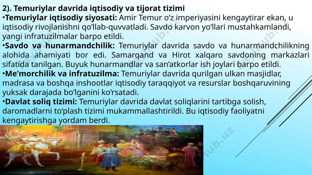 naydi. oltin, uran va boshqa qimmatbaho resurslar ham iqtisodiyotning asosiy sektorlarini tashkil qiladi. regional iqtisodiy hamkorlik: o‘rta osiyo davlatlari o‘zaro savdo va iqtisodiy aloqalarni mustahkamlash uchun bir qator tashabbuslar boshlagan. masalan, o‘zbekiston va qozog‘iston iqtisodiy hamkorlikni kengaytirish uchun turli integratsion loyihalarni amalga oshirmoqda. xalqaro loyihalar va tashabbuslar: mintaqa davlatlari xitoyning “bir makon, bir yo‘l” tashabbusi doirasida transport infratuzilmasini rivojlantirishda faol qatnashmoqda. bu tashabbus o‘rta osiyo iqtisodiyoti uchun katta imkoniyatlarni ochmoqda. image1.jpeg image2.jpeg /docprops/thumbnail.jpeg
