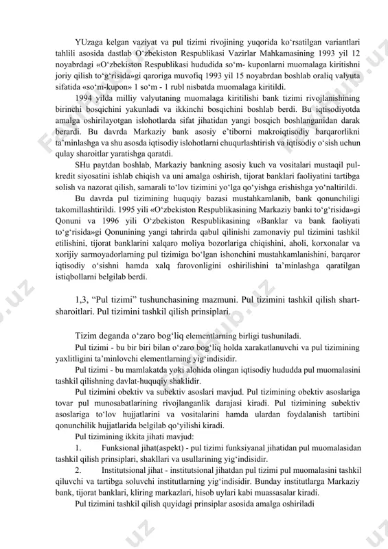 izmi rivojlanishi va kredit pullarni oltinga almashinishi to‘xtatilgandan so‘ng yo‘kotdi. 1976-1978 yilda o‘tkazilagan yamayka valyuta isloxoti natijasida oltinning rasmiy narxi va pul birliklarning oltin tarkibi bekor qilindi. qonuniy to‘lov vositasi bo‘lgan pul ko‘rinishlari - bular asosan bank kredit biletlari, qog‘oz pullar (xazina biletlari) va tangalardir. masalan,aqsh da muomalada kuyidagi pullar mavjud: 100, 50, 20, 15, 5 va1 dollarlar, bank biletlari. xazina biletlaridan tashkari ’ kumush-mis va mis-nikel tangalar (50,20, 10, 5, 1 sentli) chiqariladi buyuk britaniyada muomalada 50, 20, 10, 5, 1 f. st. banknotalar: 1 f. st., 50, 10, 5, 2 pennli, 1 va 1/2 pensli tangalar amal qiladi. yana eski 2 va 1 shilling tagalari yuritiladi, ular yangi 10 va 5 pensga teng. agar rivojlangan mamlakatlarda asosan bank biletlari chiqarilsa, qator rivojlanayotgan mamlakatlarda ko‘prok xazina biletlari chiqarish keng tarqalgan. masalan, indoneziyada 50, 25, 10, 5, 1 sen qiymatli, xindistonda - 1 rupiya qiymatli xazina biletlari chiqariladi. respublika hukumati …